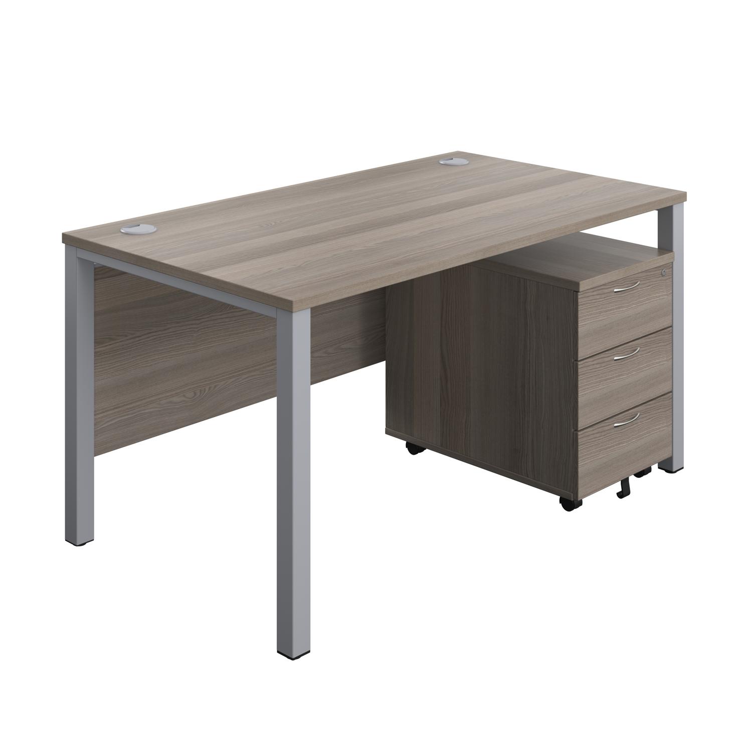 Goal Post Rectangular Desk + 3 Drawer Mobile Pedestal  1400x800 Grey oak/Silver