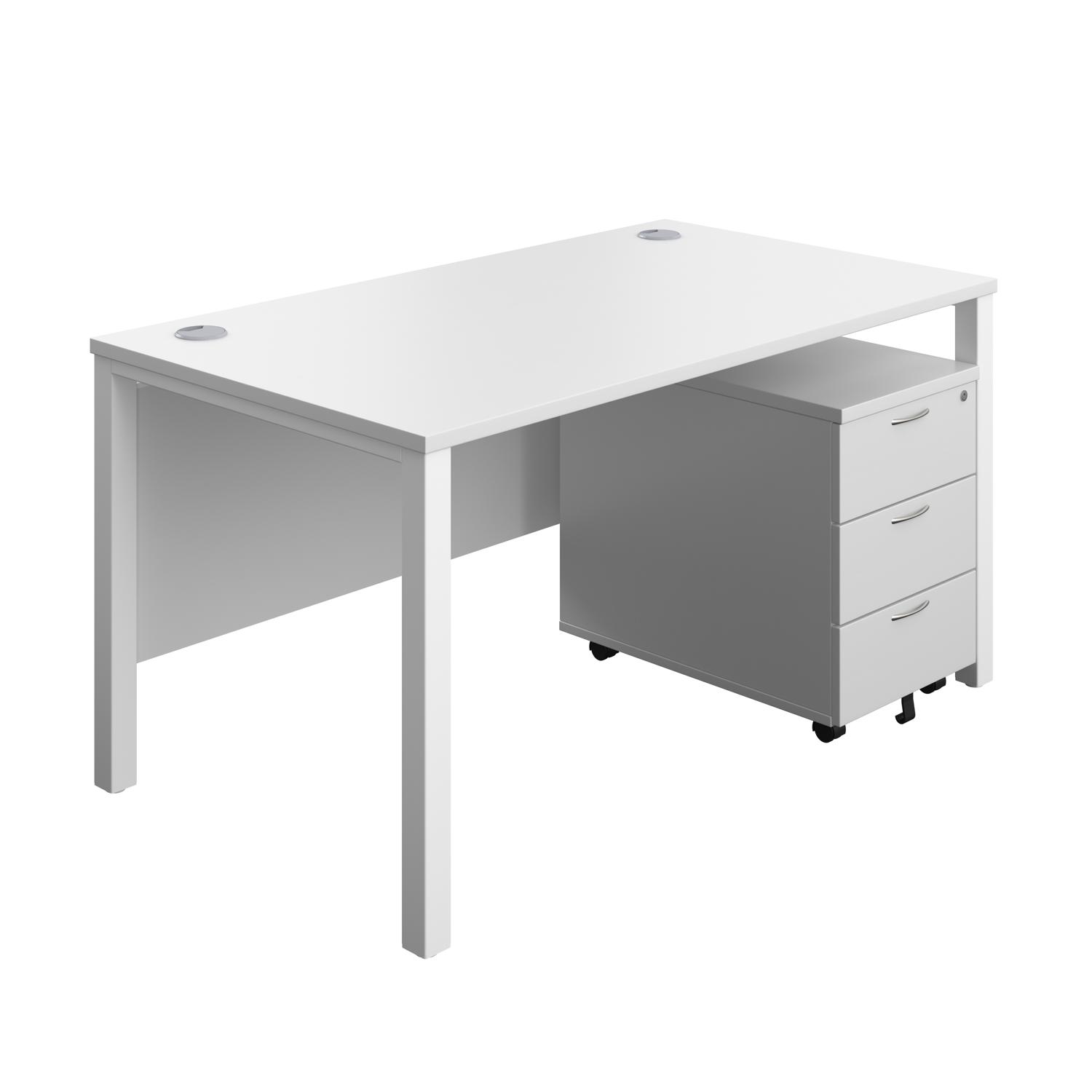 Goal Post Rectangular Desk + 3 Drawer Mobile Pedestal  1400x800 White/White