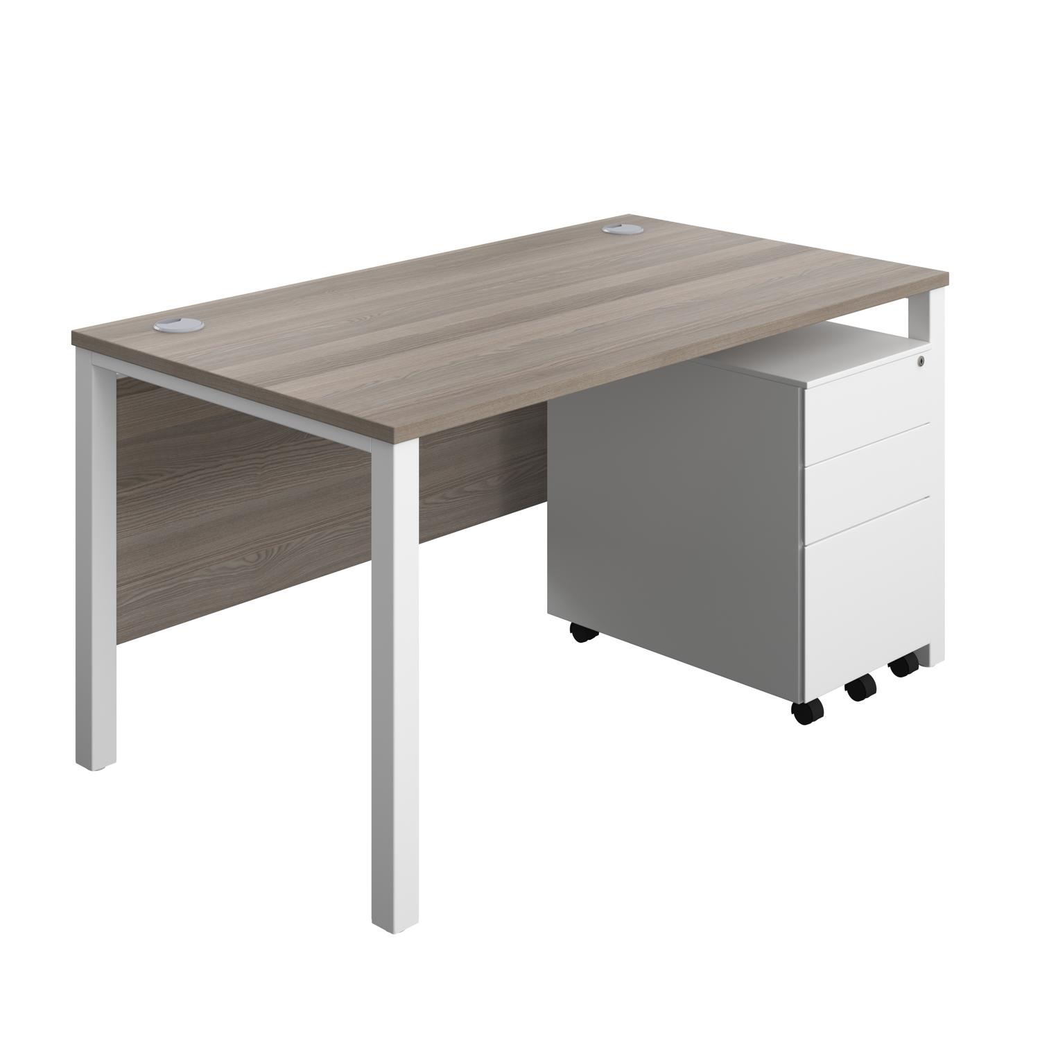 Goal Post Rectangular Desk + 3 Drawer Steel Pedestal  1400x800 Grey oak/White