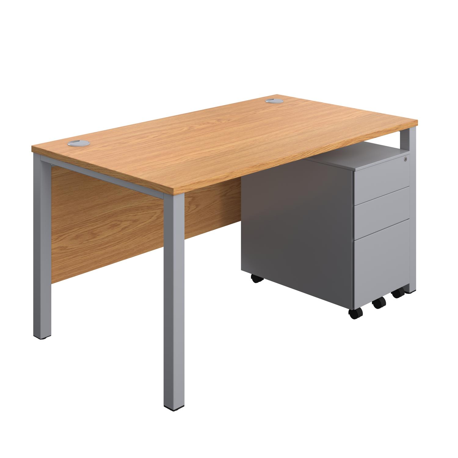 Goal Post Rectangular Desk + 3 Drawer Steel Pedestal  1400x800 Nova oak/Silver