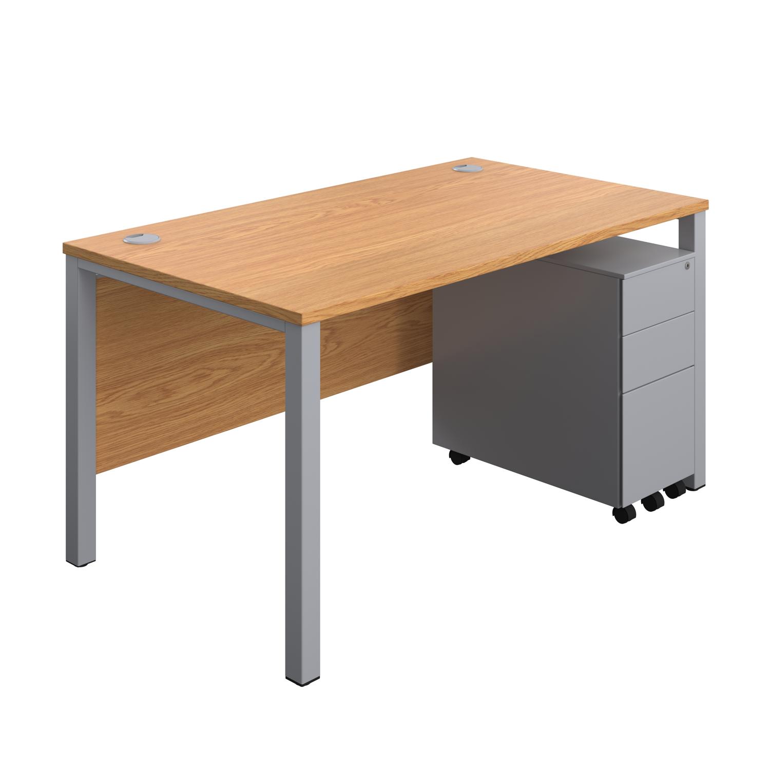 Goal Post Rectangular Desk + 3 Drawer Slimline Steel Pedestal  1400x800 Nova oak/Silver