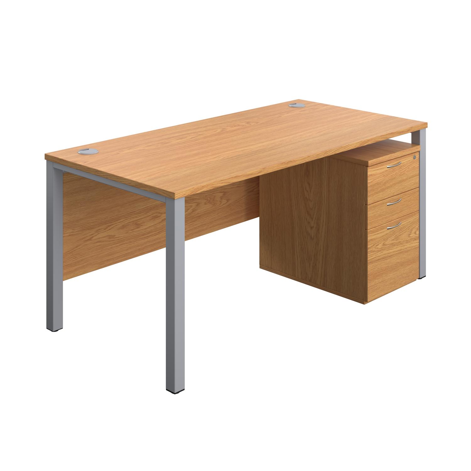 Goal Post Rectangular Desk + 3 Drawer High Mobile Pedestal  1600x800 Nova oak/Silver