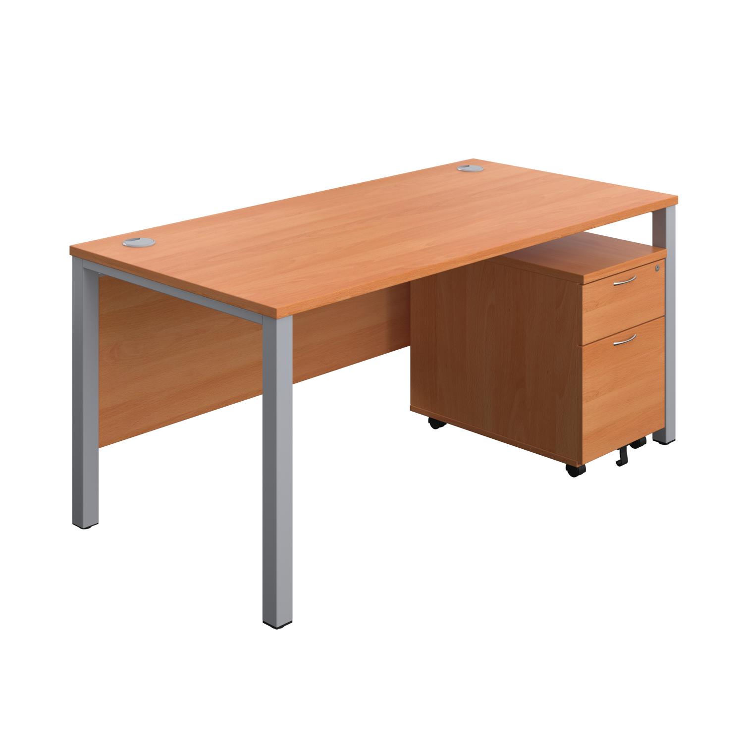 Goal Post Rectangular Desk + 2 Drawer Mobile Pedestal  1600x800 Beech/Silver
