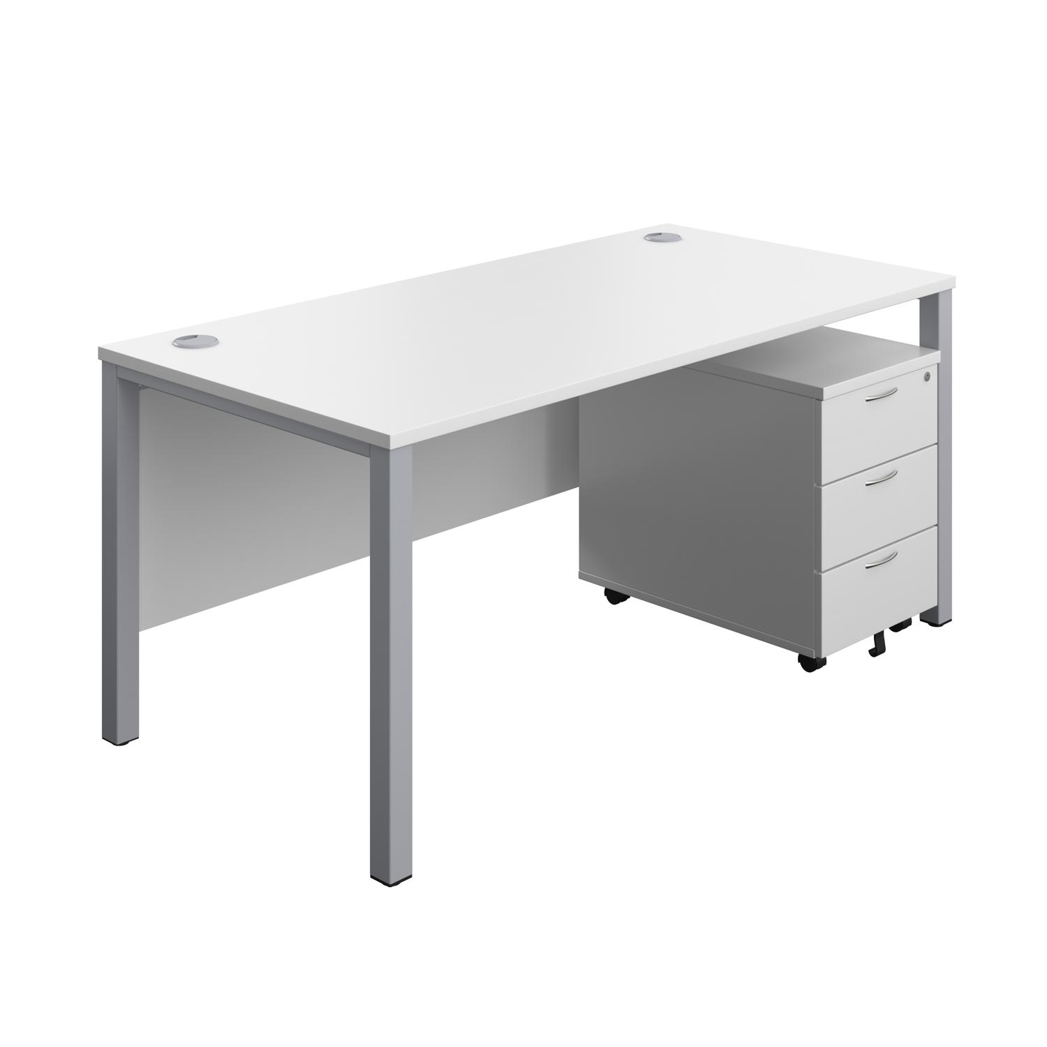 Goal Post Rectangular Desk + 3 Drawer Mobile Pedestal  1600x800 White/Silver