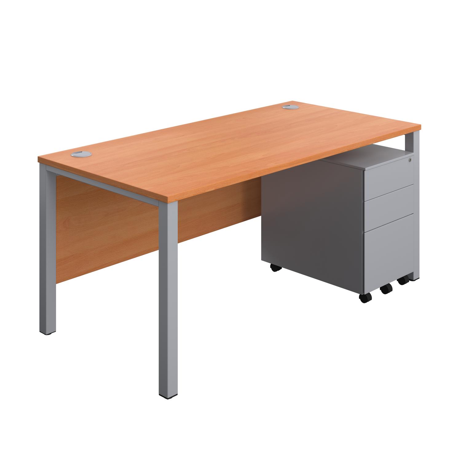 Goal Post Rectangular Desk + 3 Drawer Steel Pedestal  1600x800 Beech/Silver