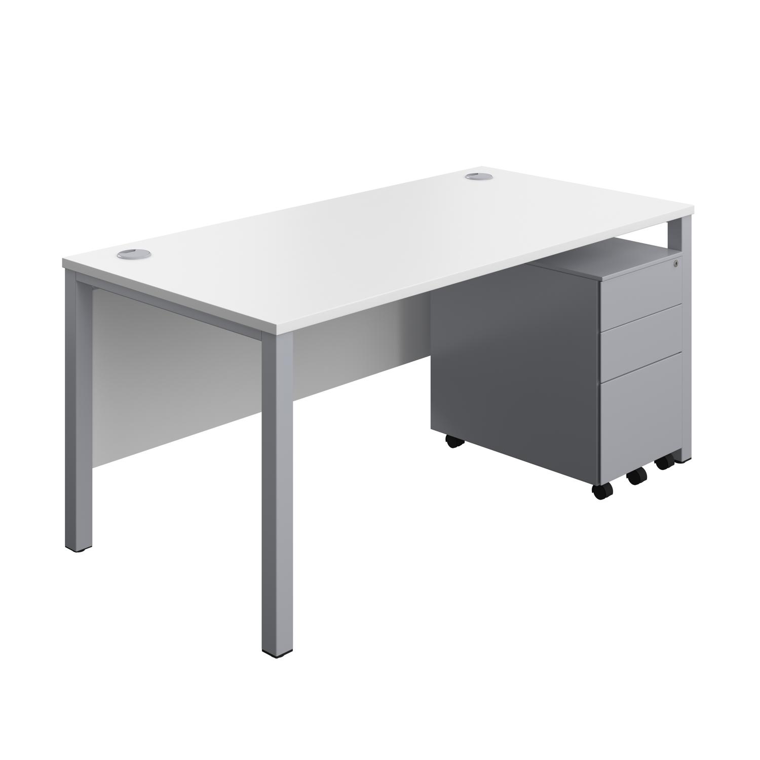 Goal Post Rectangular Desk + 3 Drawer Steel Pedestal  1600x800 White/Silver