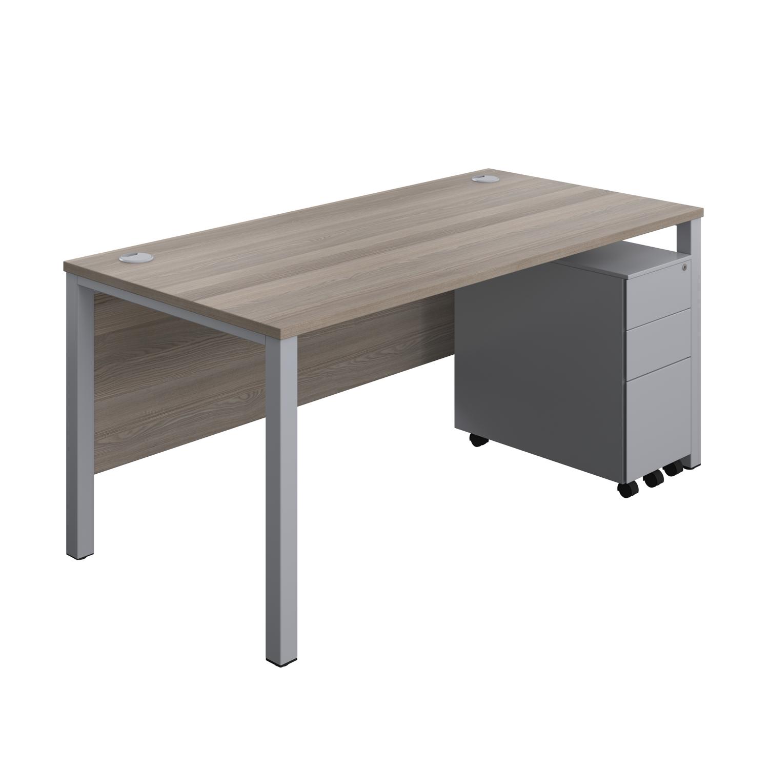 Goal Post Rectangular Desk + 3 Drawer Slimline Steel Pedestal  1600x800 Grey oak/Silver