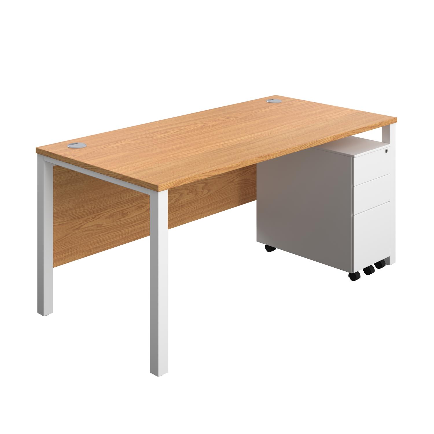 Goal Post Rectangular Desk + 3 Drawer Slimline Steel Pedestal  1600x800 Nova oak/White