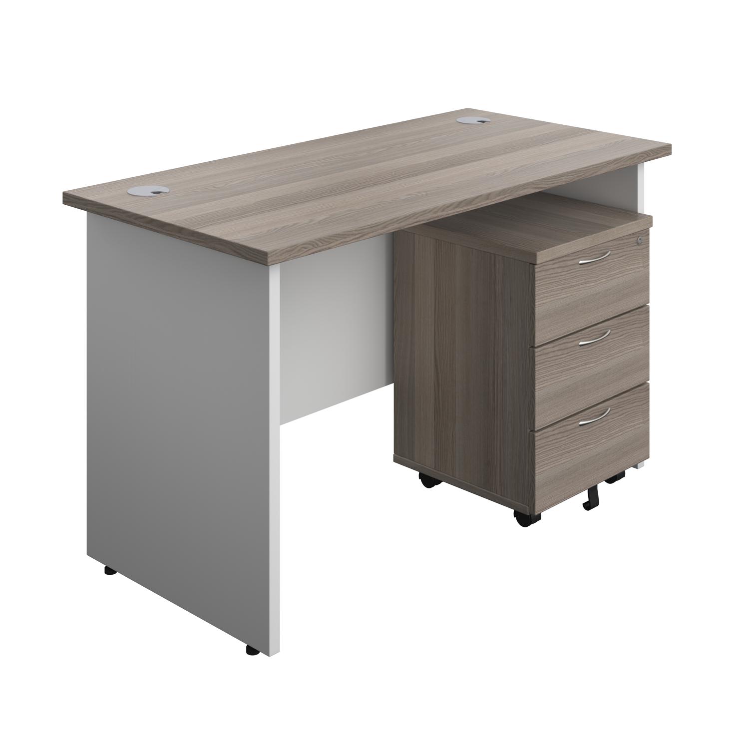 Panel Plus Rectangular Desk + 3 Drawer Mobile Pedestal Bundle  1200X600 Grey Oak/White