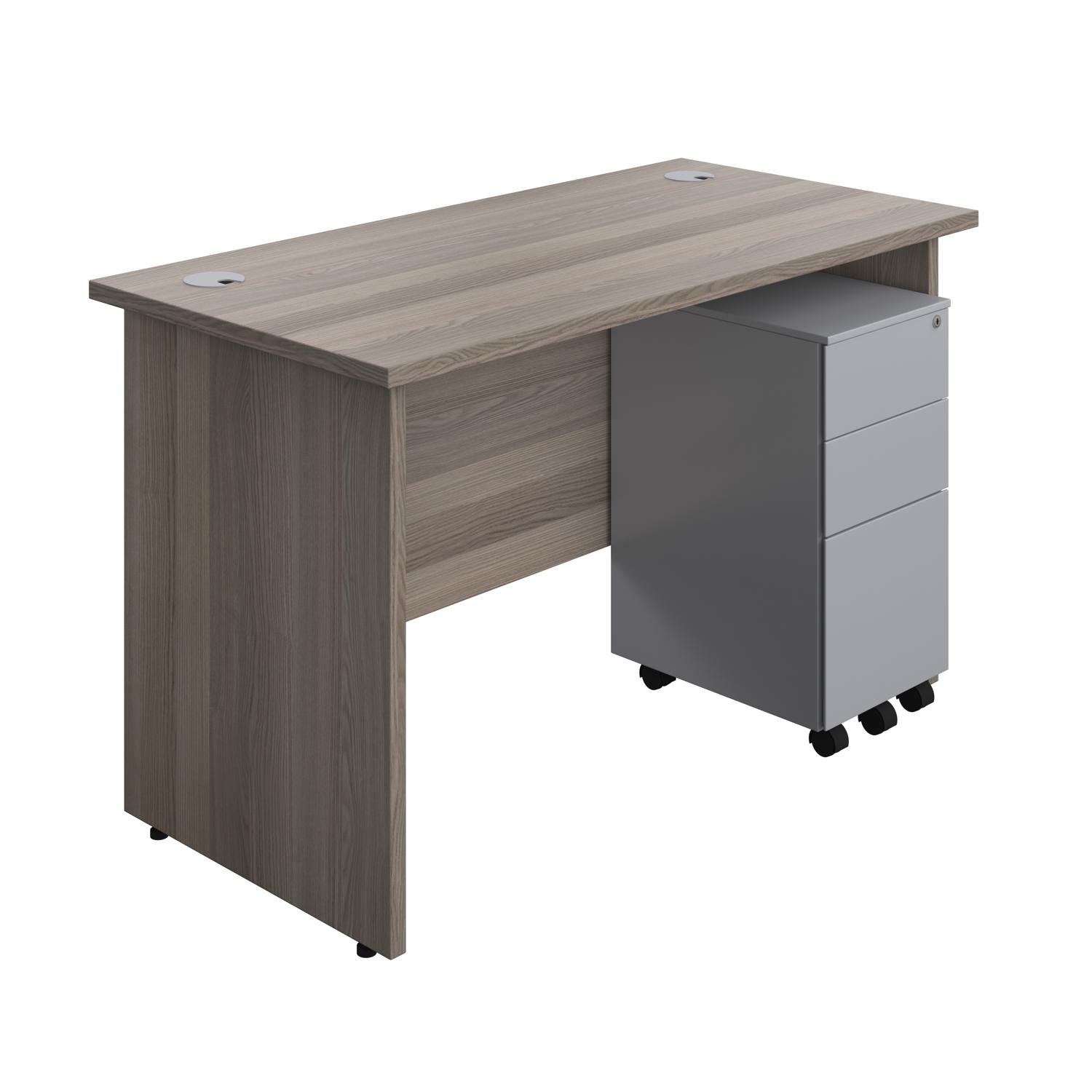 Panel Rectangular Desk + 3 Drawer Slimline Steel Pedestal Bundle  1200X600 Grey Oak/Silver
