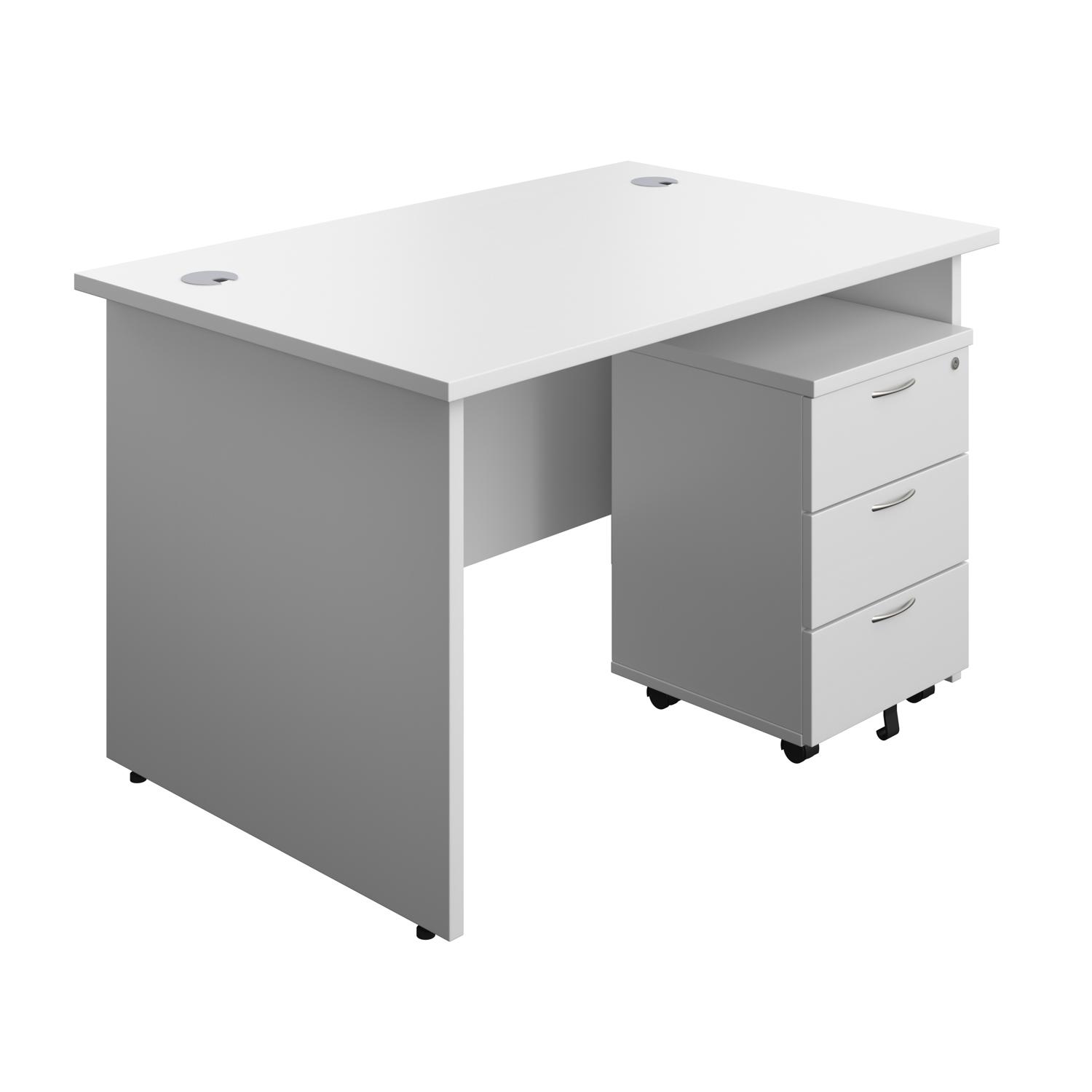 Panel Rectangular Desk + 3 Drawer Mobile Pedestal Bundle  1200X800 White/White