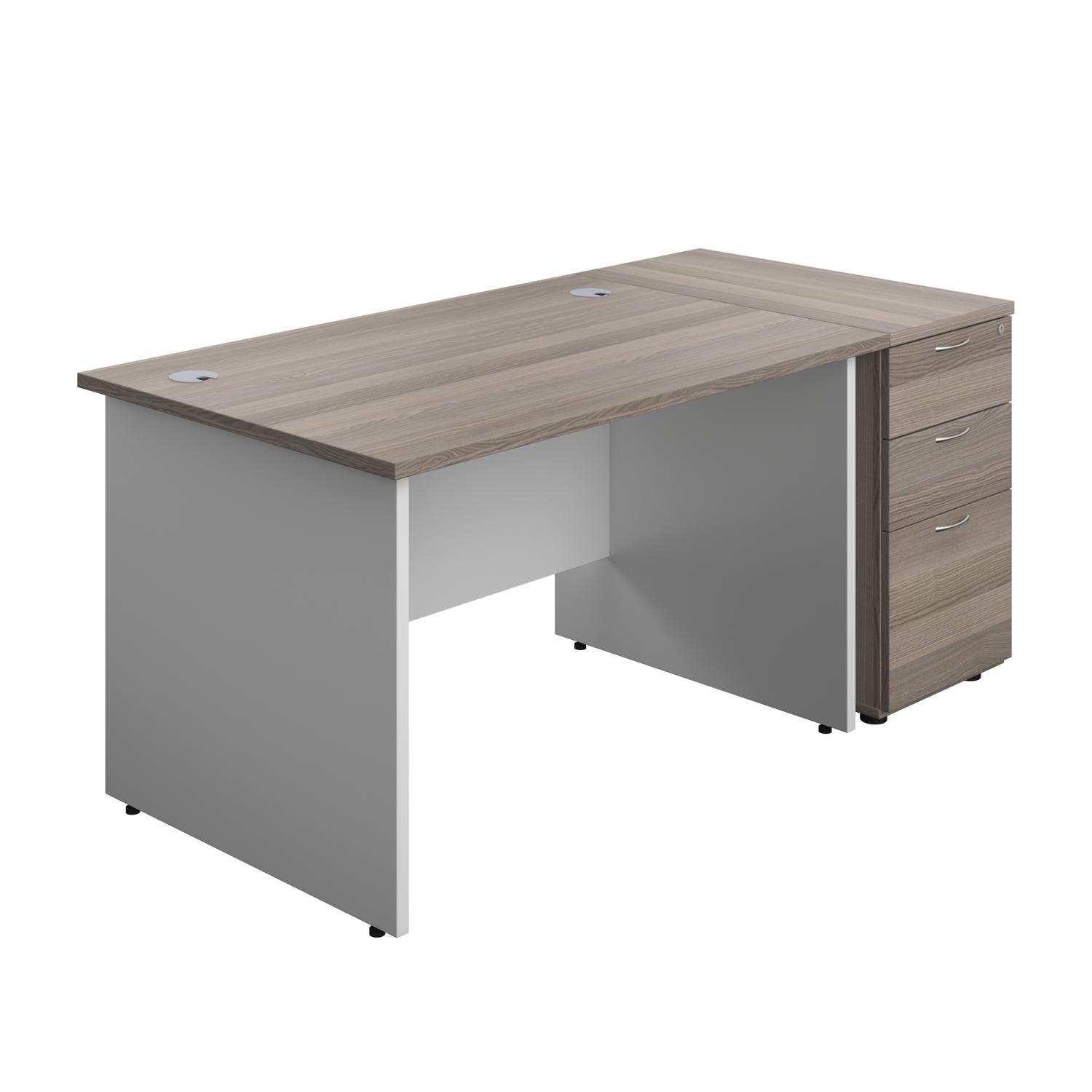 Panel Plus Rectangular Desk + Matching 3 Drawer Desk High Pedestal Bundle  800 Pedestal 1200X800 Grey Oak/White