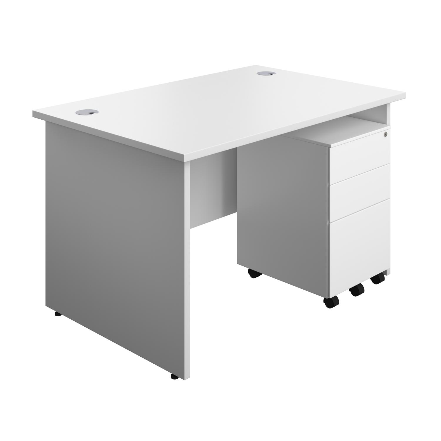 Panel Rectangular Desk + 3 Drawer Steel Pedestal Bundle  1200X800 White/White