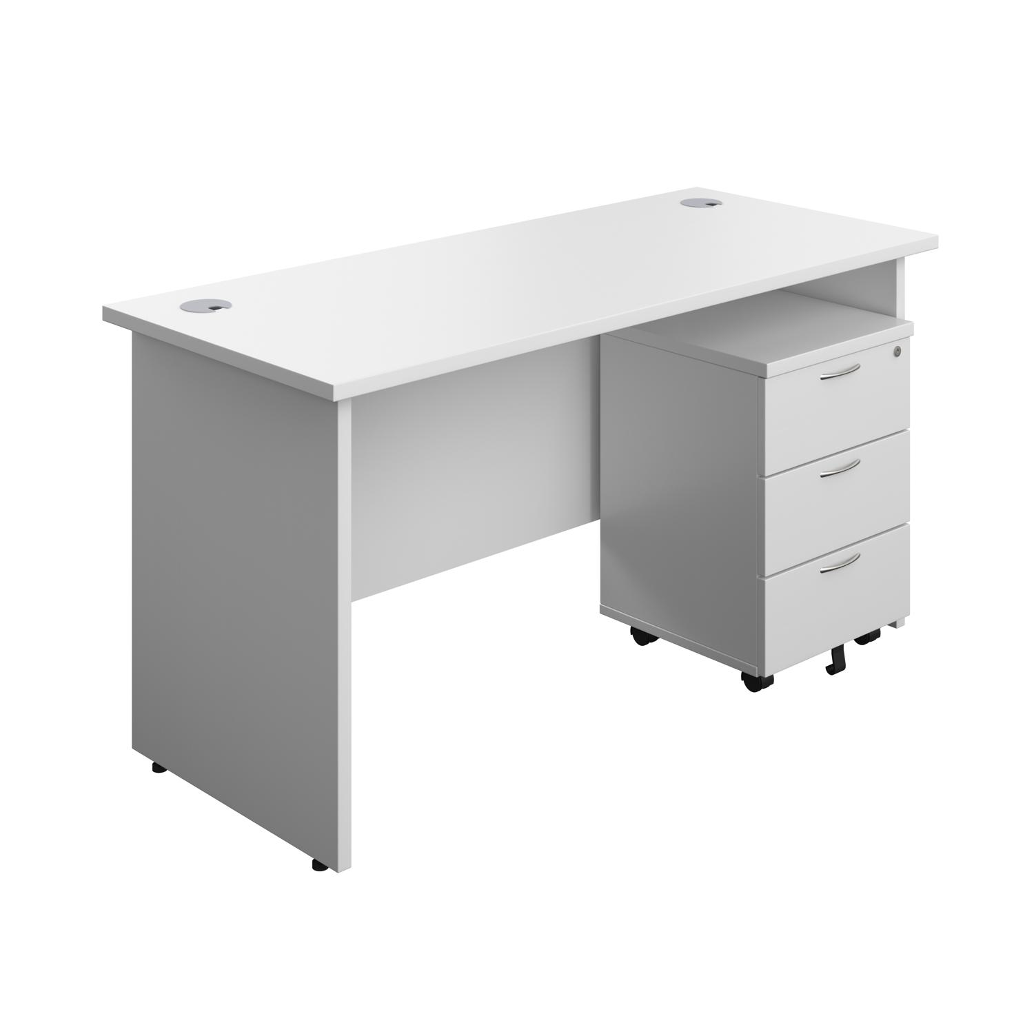 Panel Rectangular Desk + 3 Drawer Mobile Pedestal Bundle  1400X600 White/White