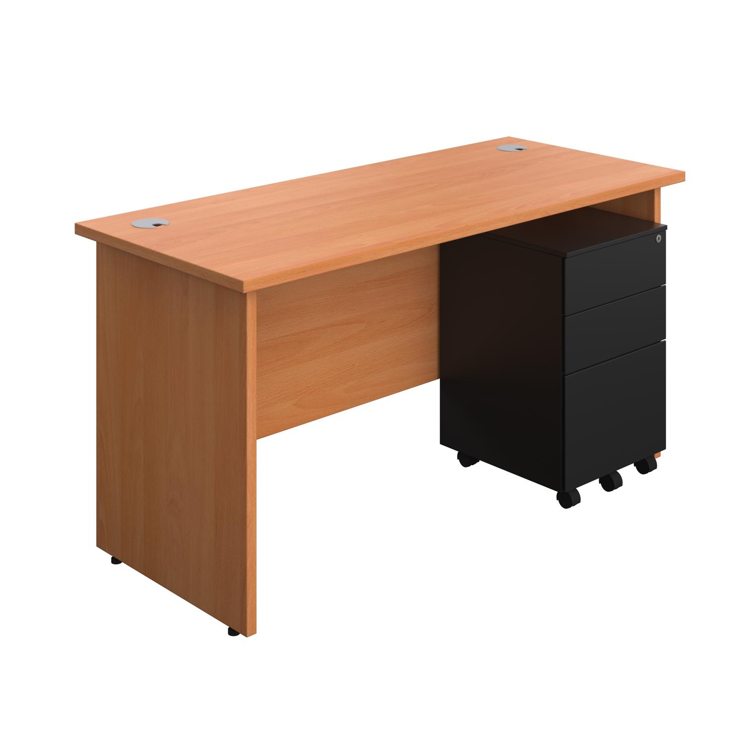 Panel Rectangular Desk + 3 Drawer Steel Pedestal Bundle  1400X600 Beech/Black