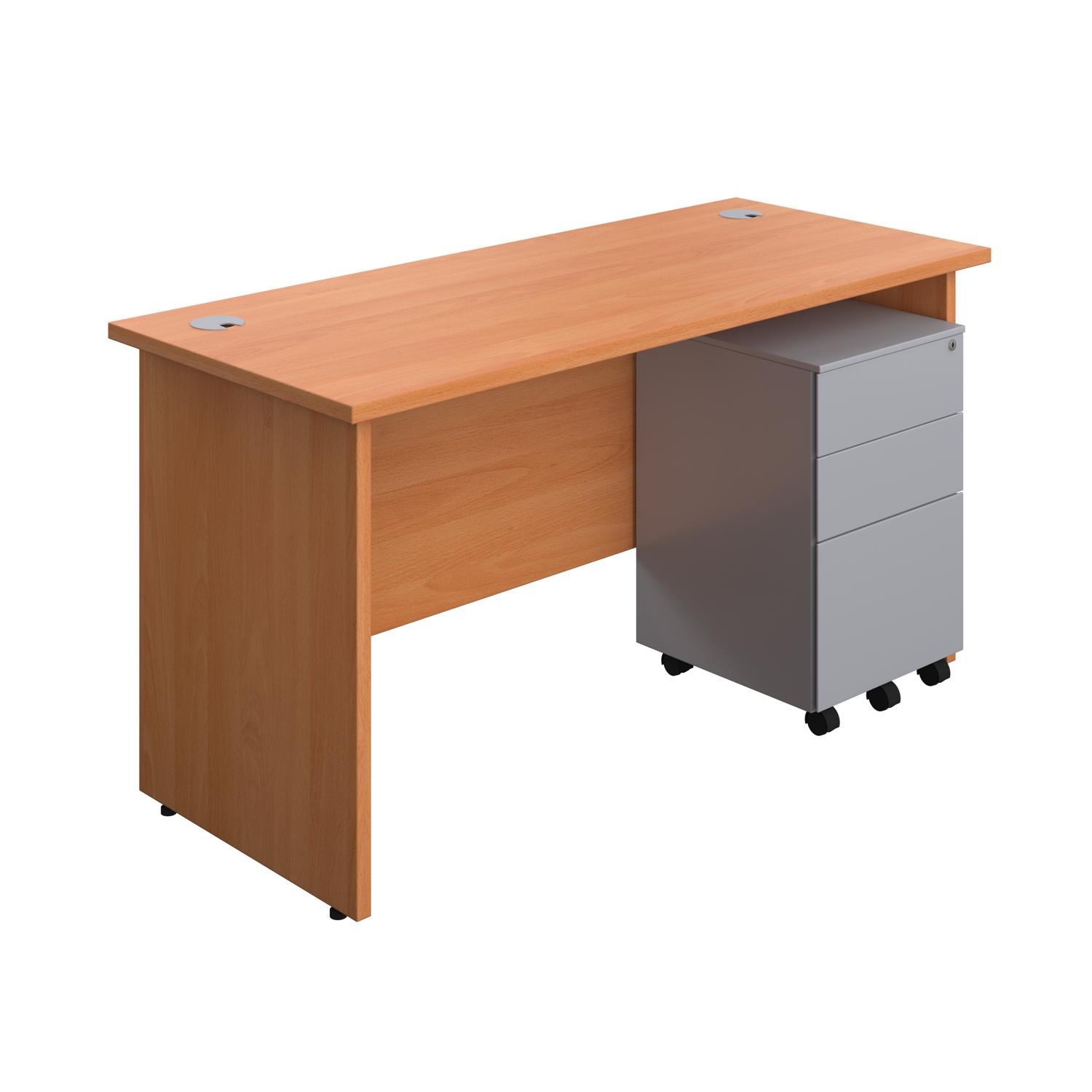 Panel Rectangular Desk + 3 Drawer Steel Pedestal Bundle  1400X600 Beech/Silver