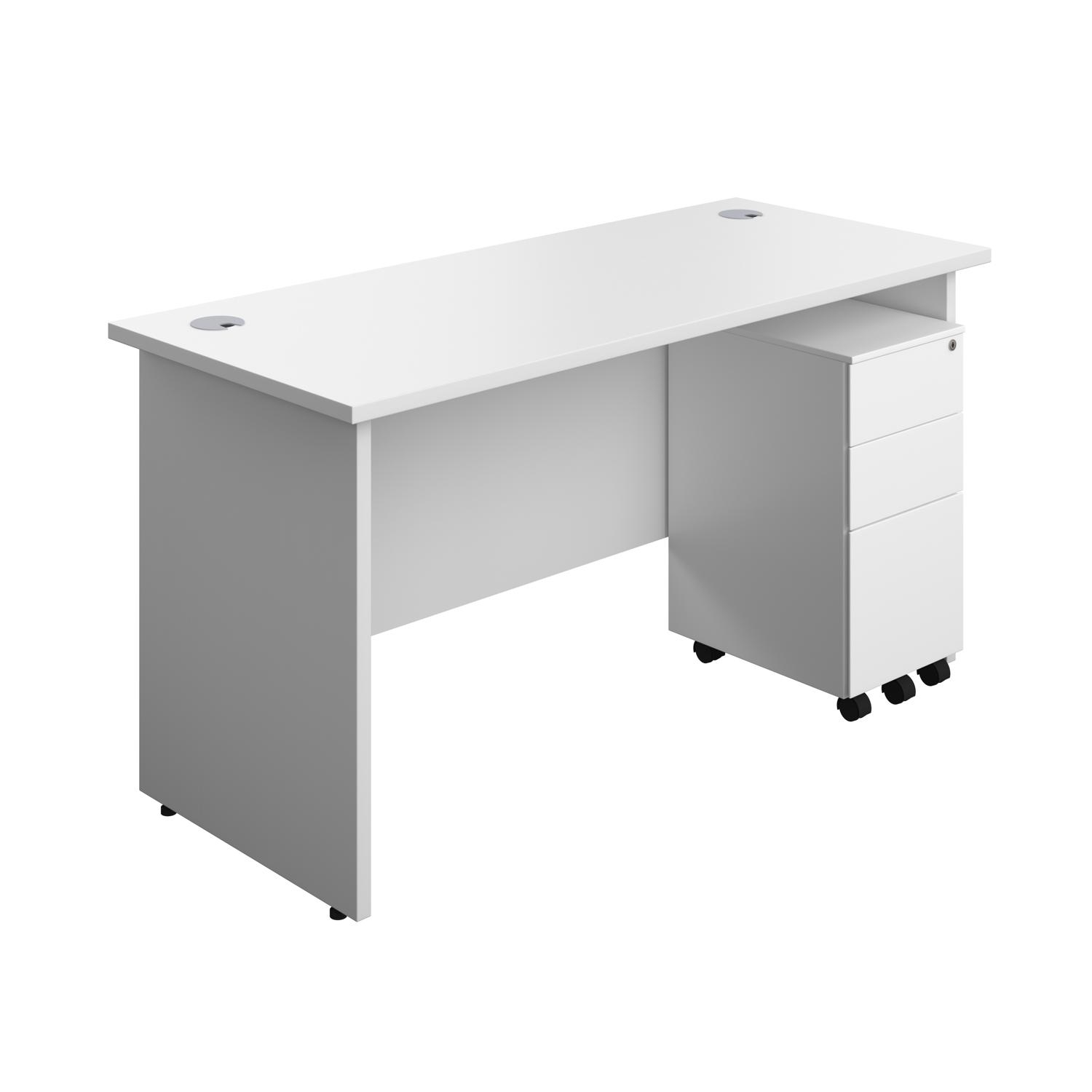Panel Rectangular Desk + 3 Drawer Slimline Steel Pedestal Bundle  1400X600 White/White