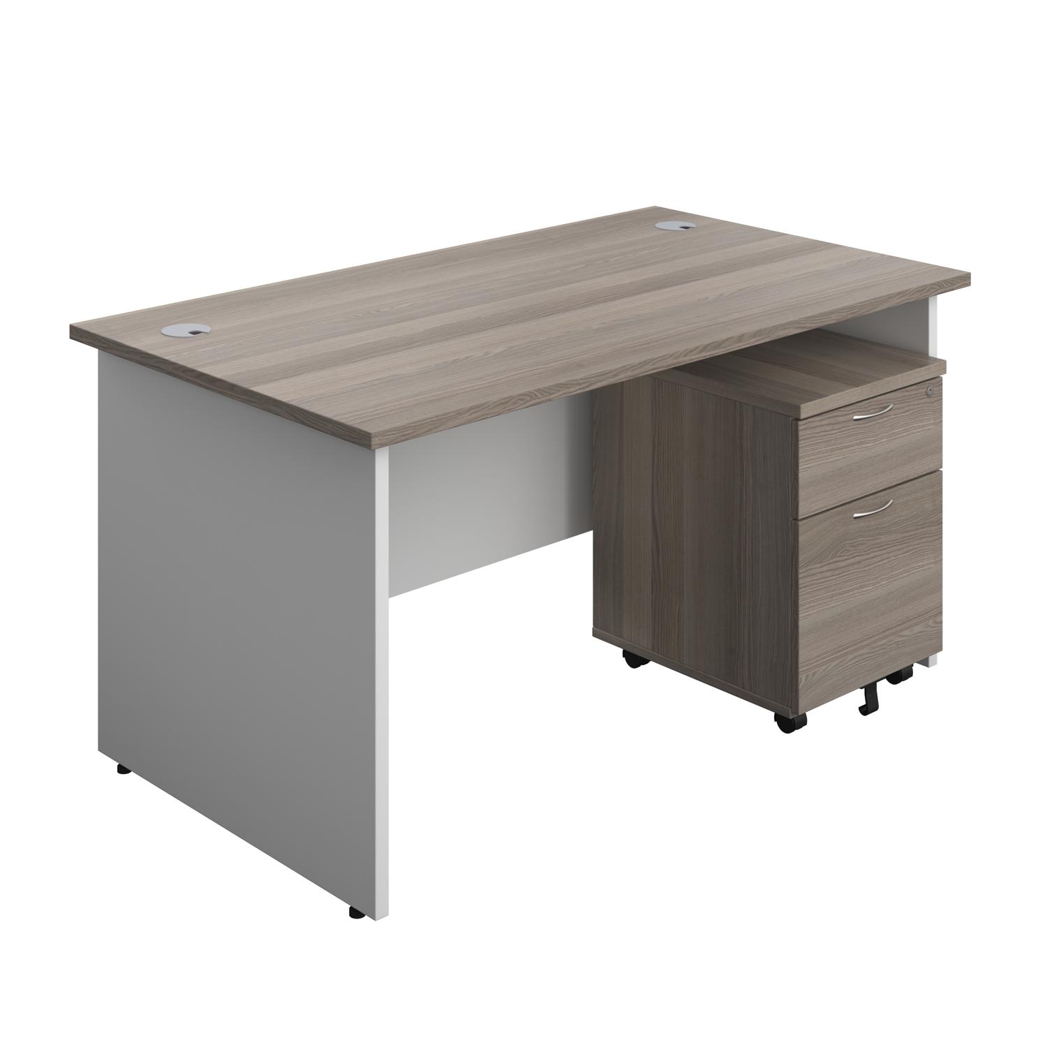 Panel Plus Rectangular Desk + 2 Drawer Mobile Pedestal Bundle  1400X800 Grey Oak/White