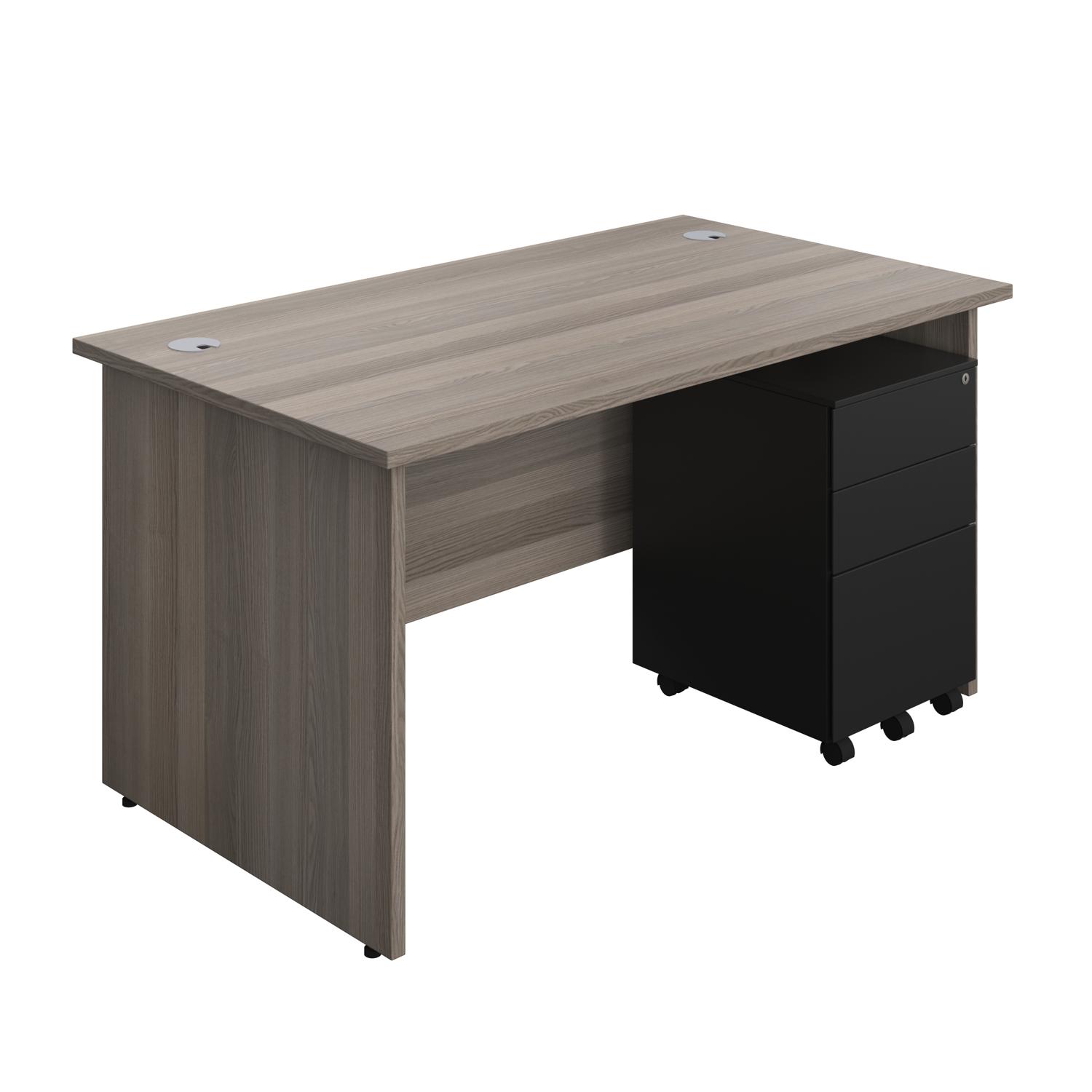 Panel Rectangular Desk + 3 Drawer Steel Pedestal Bundle  1400X800 Grey Oak/Black