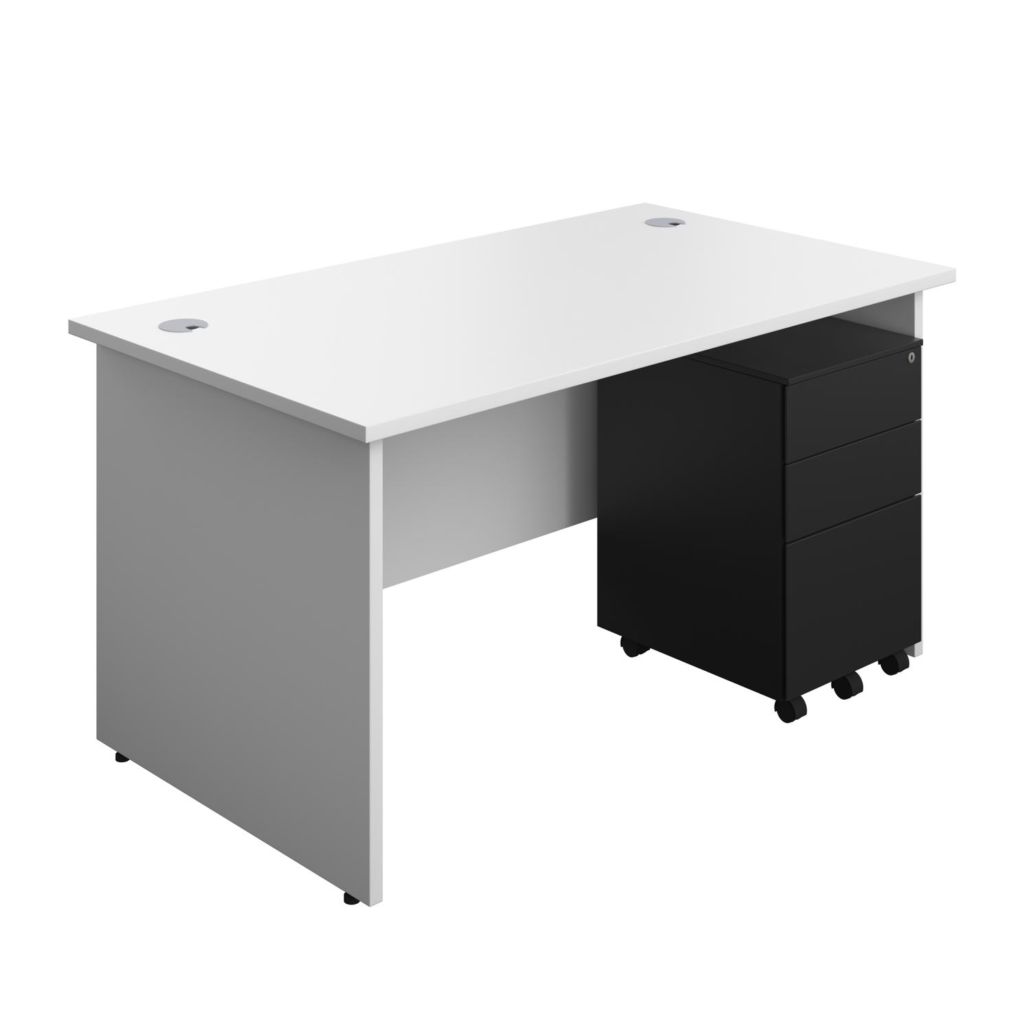 Panel Rectangular Desk + 3 Drawer Steel Pedestal Bundle  1400X800 White/Black