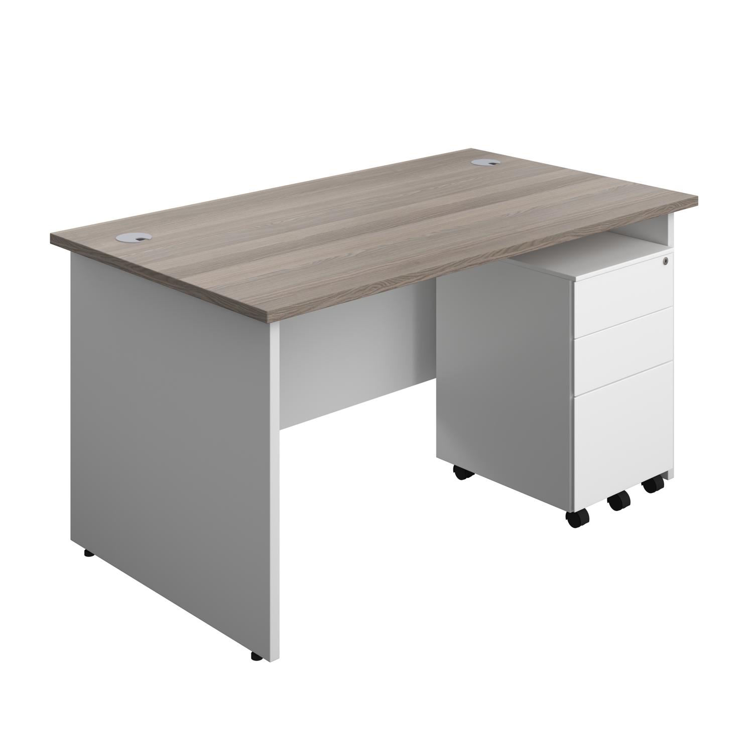 Panel Plus Rectangular Desk + 3 Drawer Steel Pedestal Bundle  1400X800 Grey Oak/White