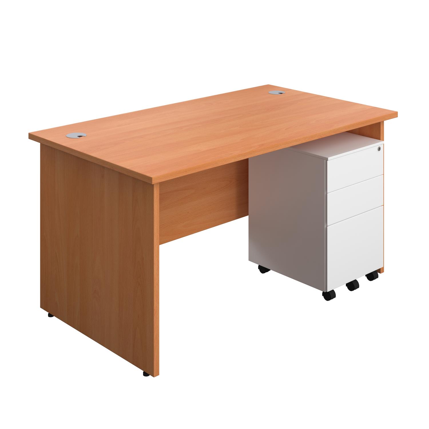 Panel Rectangular Desk + 3 Drawer Steel Pedestal Bundle  1400X800 Beech/White