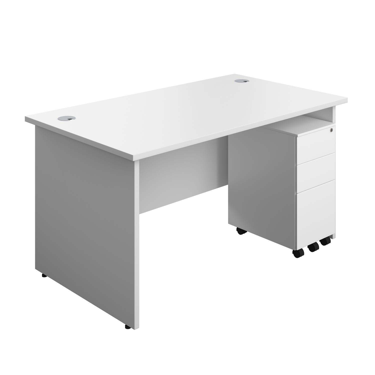 Panel Rectangular Desk + 3 Drawer Slimline Steel Pedestal Bundle  1400X800 White/White