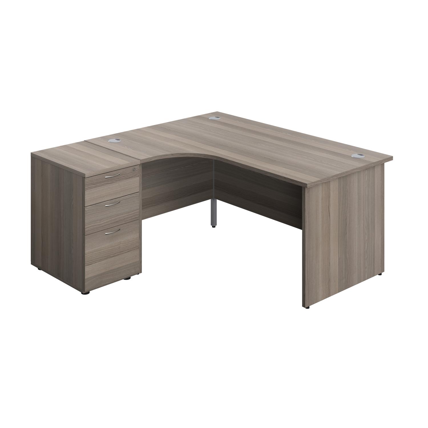 Panel Left Hand Radial Desk + 3 Drawer Desk High Pedestal Bundle  600 Deep Pedestal 1600X1200 Grey Oak/Grey Oak