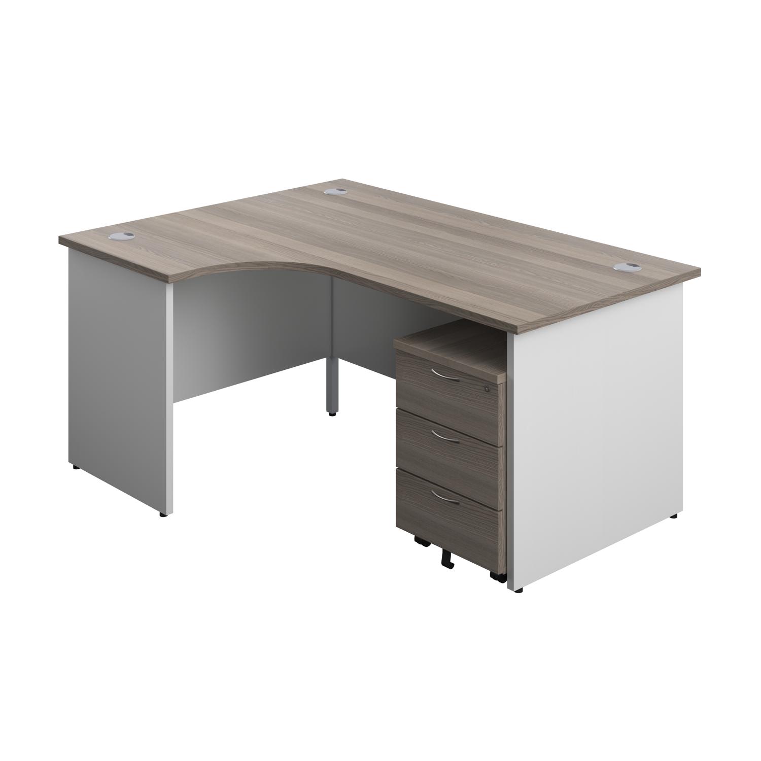 Panel Plus Left Radial Desk + 3 Drawer Mobile Pedestal Bundle  1600X1200 Grey Oak/White