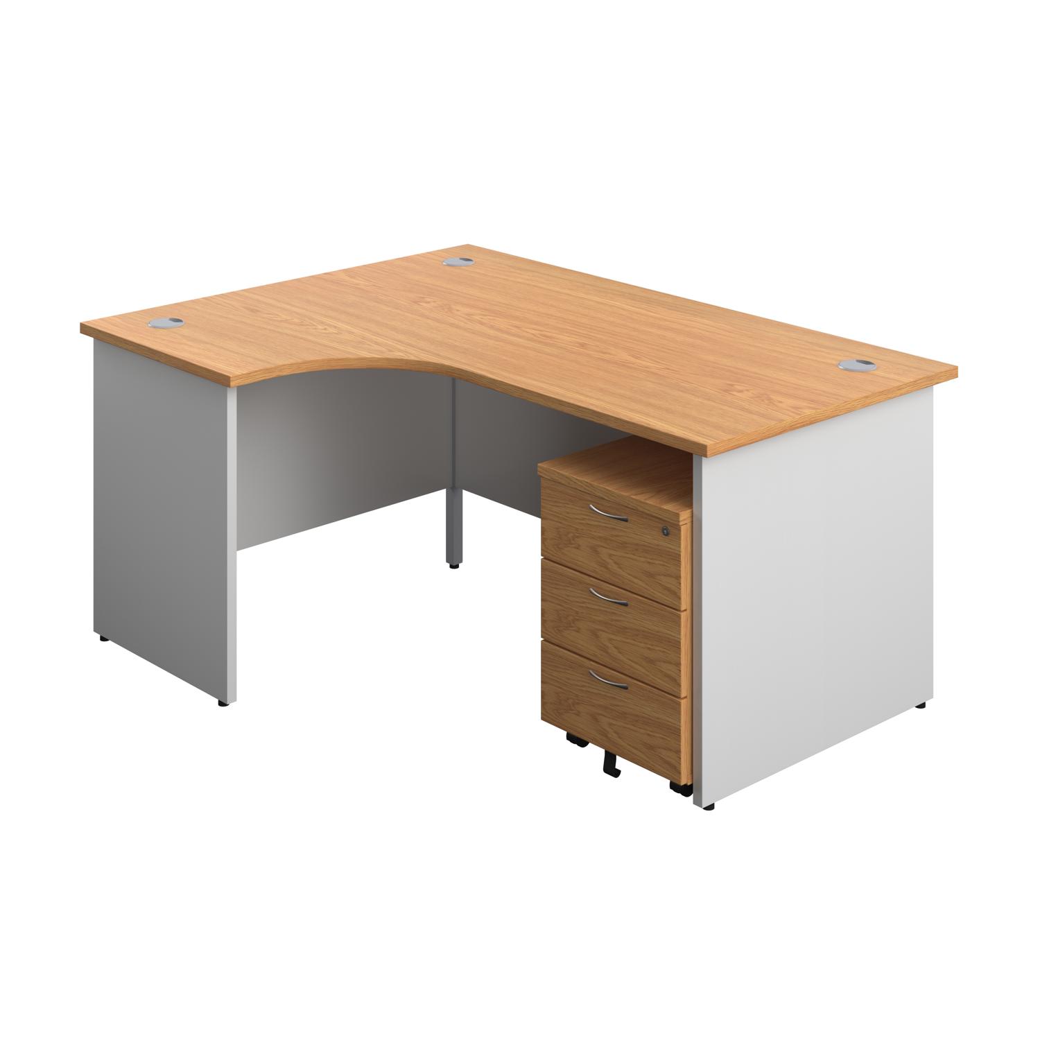 Panel Plus Left Radial Desk + 3 Drawer Mobile Pedestal Bundle  1600X1200 Nova Oak/White