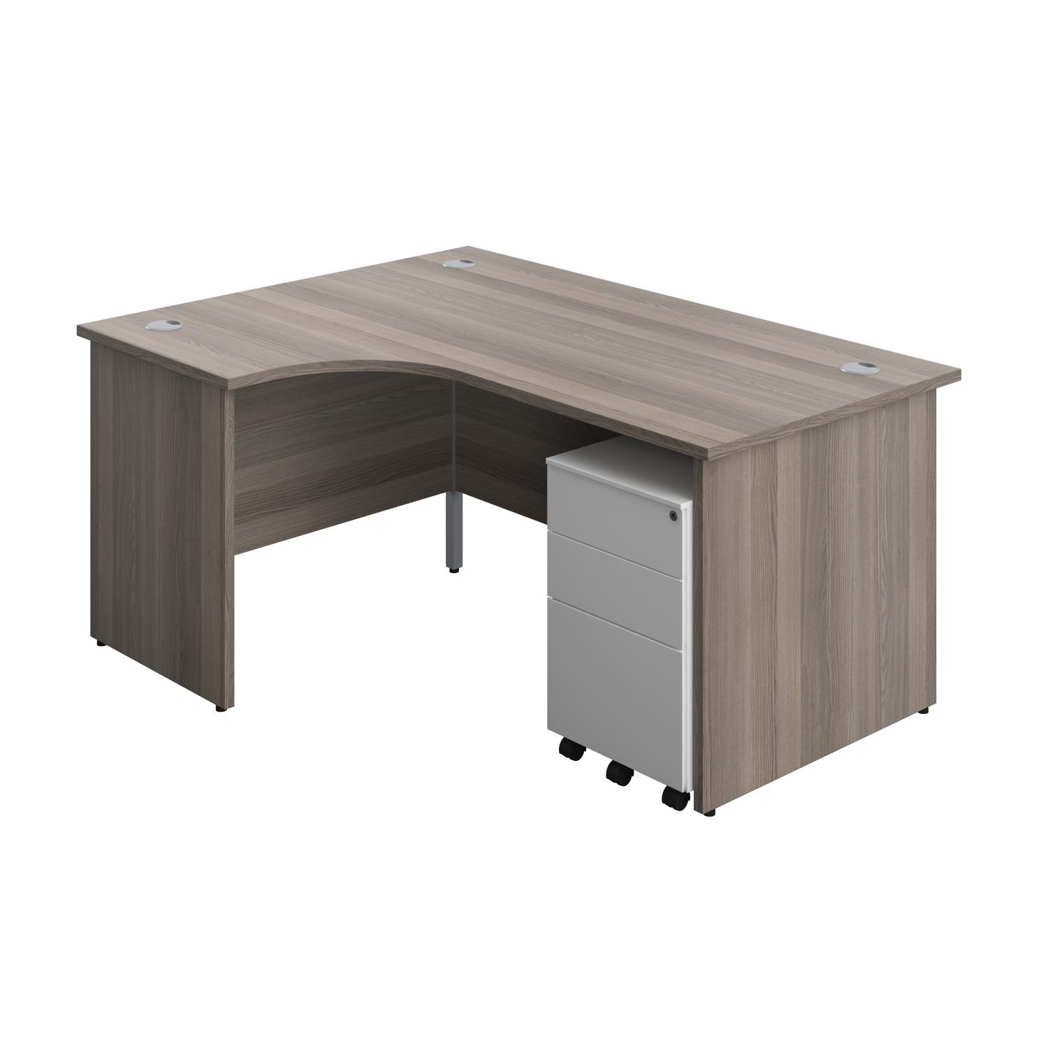 Panel Left Hand Radial Desk + 3 Drawer Steel Mobile Pedestal Bundle  1600X1200 Grey Oak/White