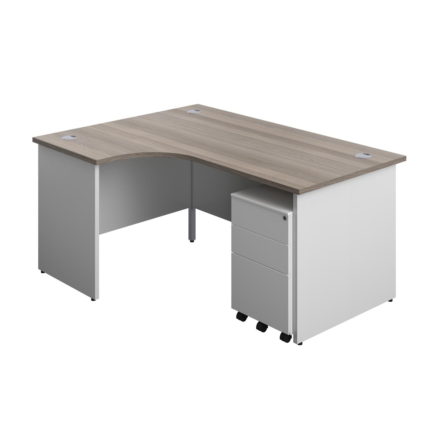 Panel Plus Left Radial Desk + 3 Drawer Steel Mobile Pedestal Bundle  1600X1200 Grey Oak/White