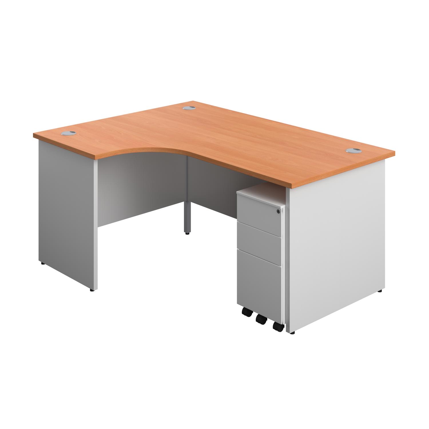 Panel Plus Left Radial Desk + 3 Drawer White Slimline Steel Mobile Pedestal Bundle  1600X1200 Beech/White