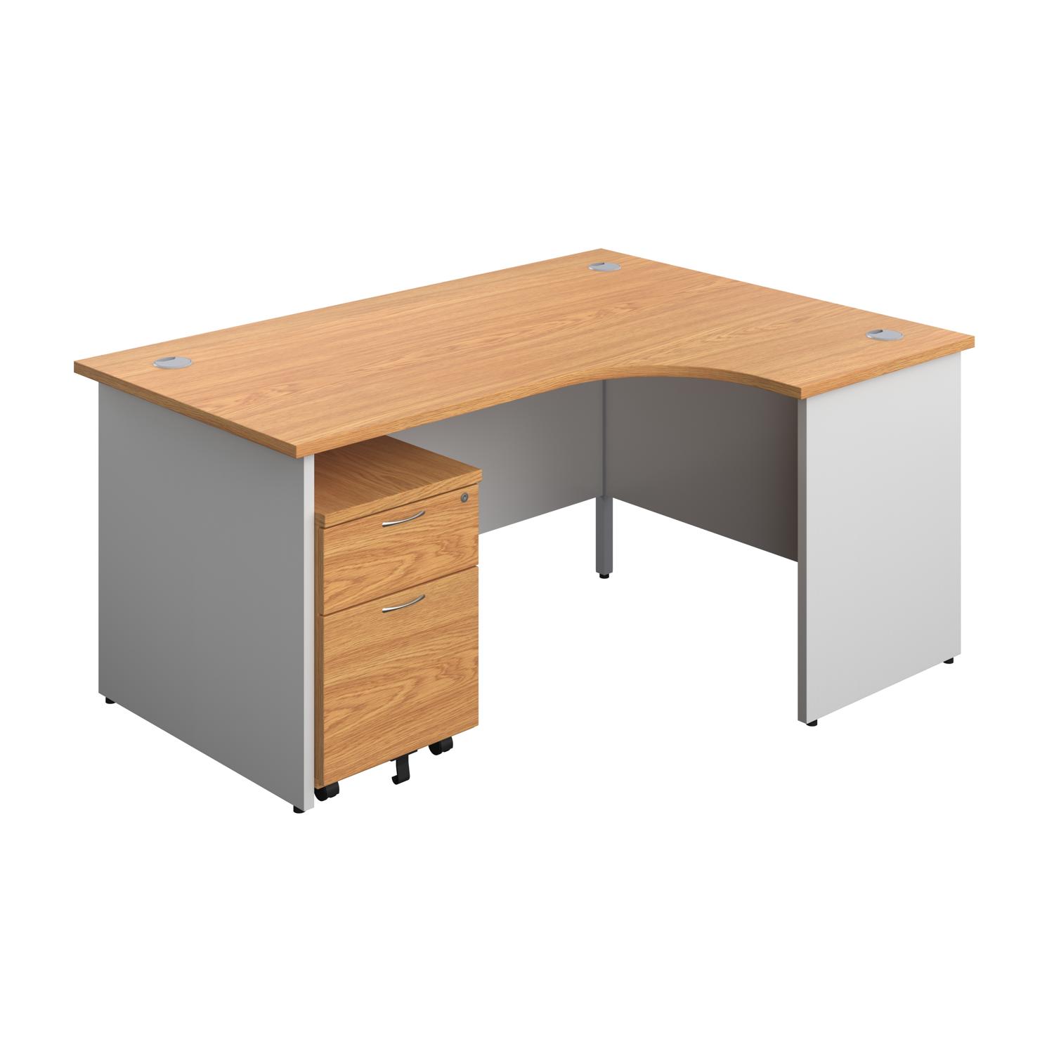 Panel Plus Right Radial Desk + 2 Drawer Mobile Pedestal Bundle  1600X1200 Nova Oak/White