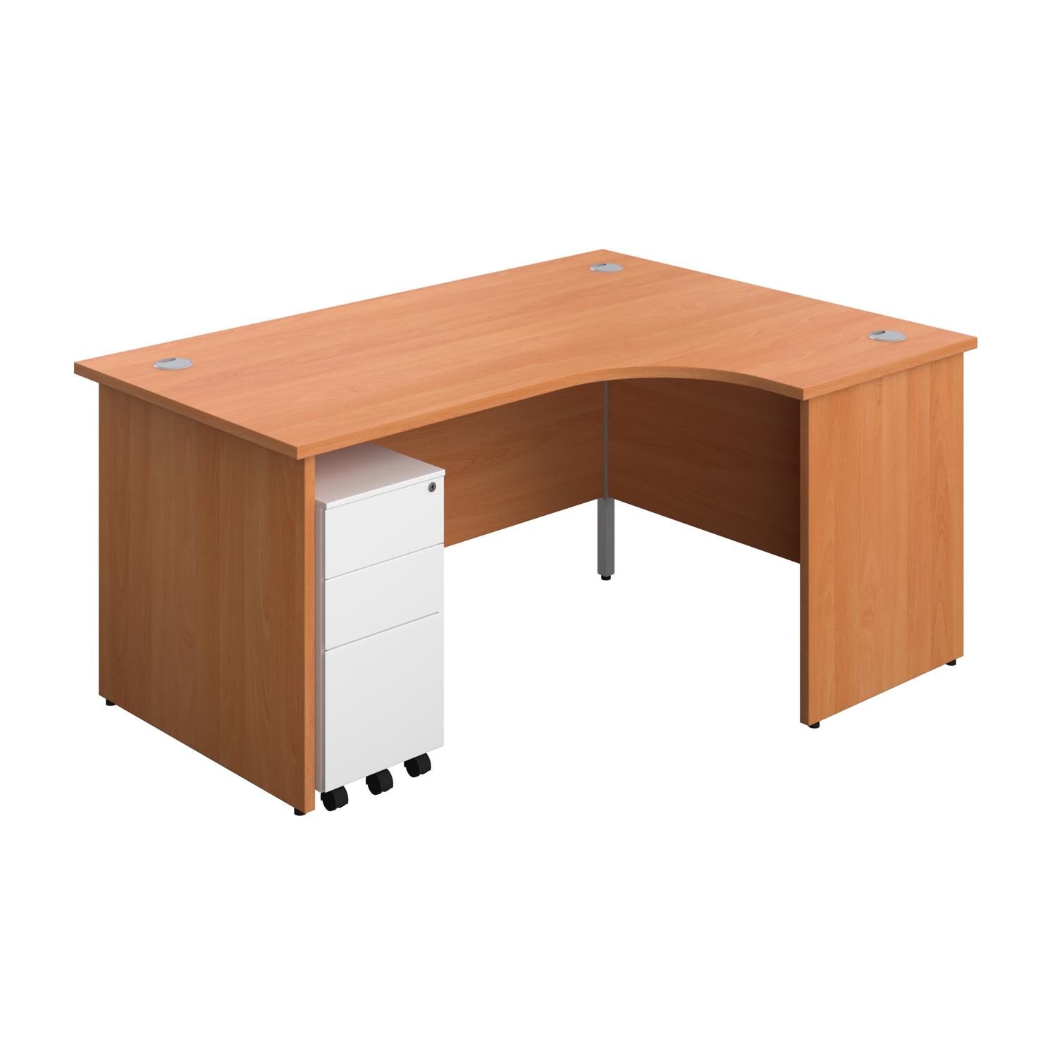 Panel Right Hand Radial Desk + 3 Drawer Slimline Steel Mobile Pedestal Bundle  1600X1200 Beech/White