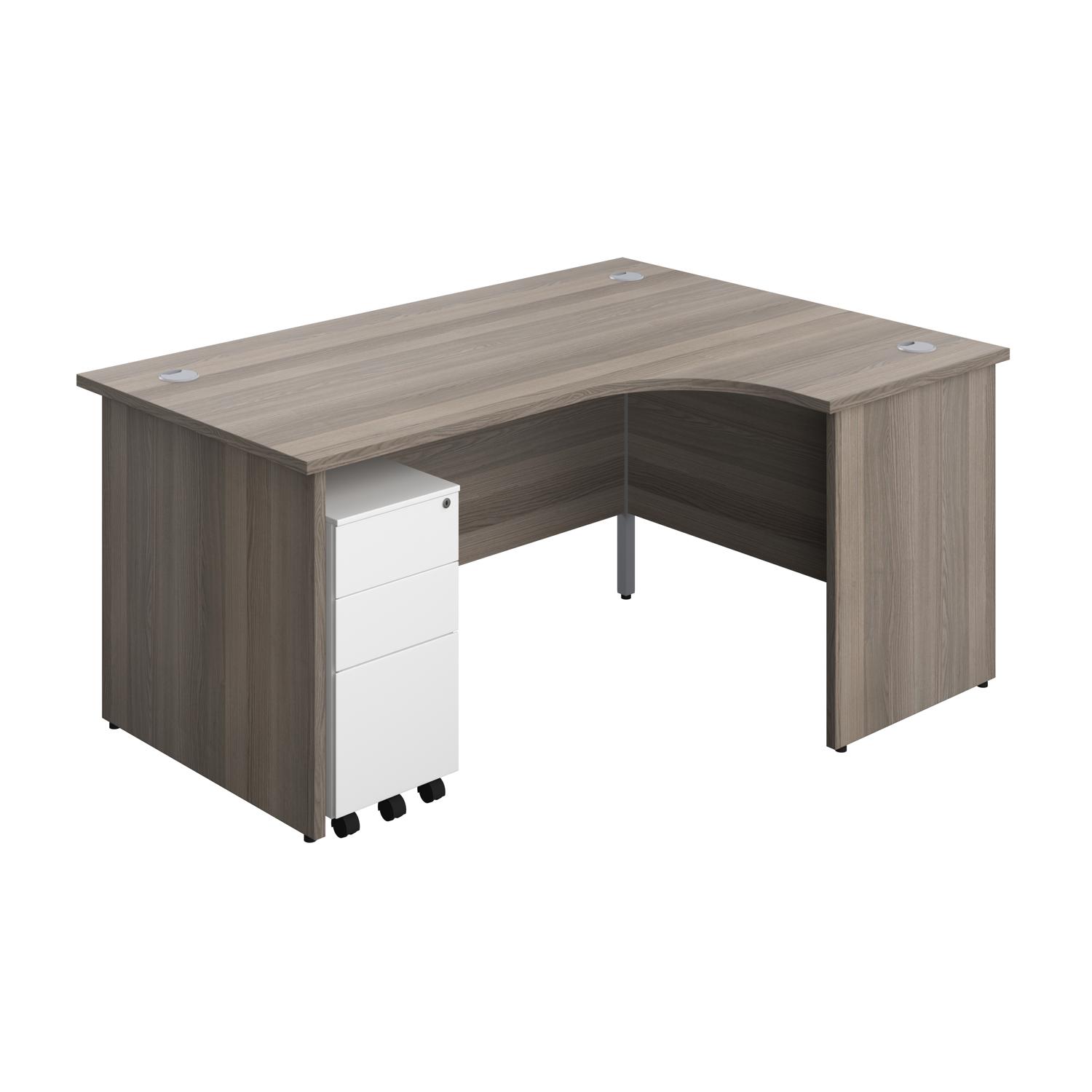 Panel Right Hand Radial Desk + 3 Drawer Slimline Steel Mobile Pedestal Bundle  1600X1200 Grey Oak/White