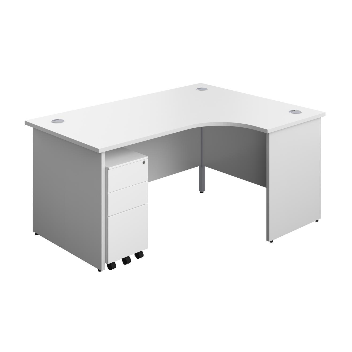 Panel Right Hand Radial Desk + 3 Drawer Slimline Steel Mobile Pedestal Bundle  1600X1200 White/White