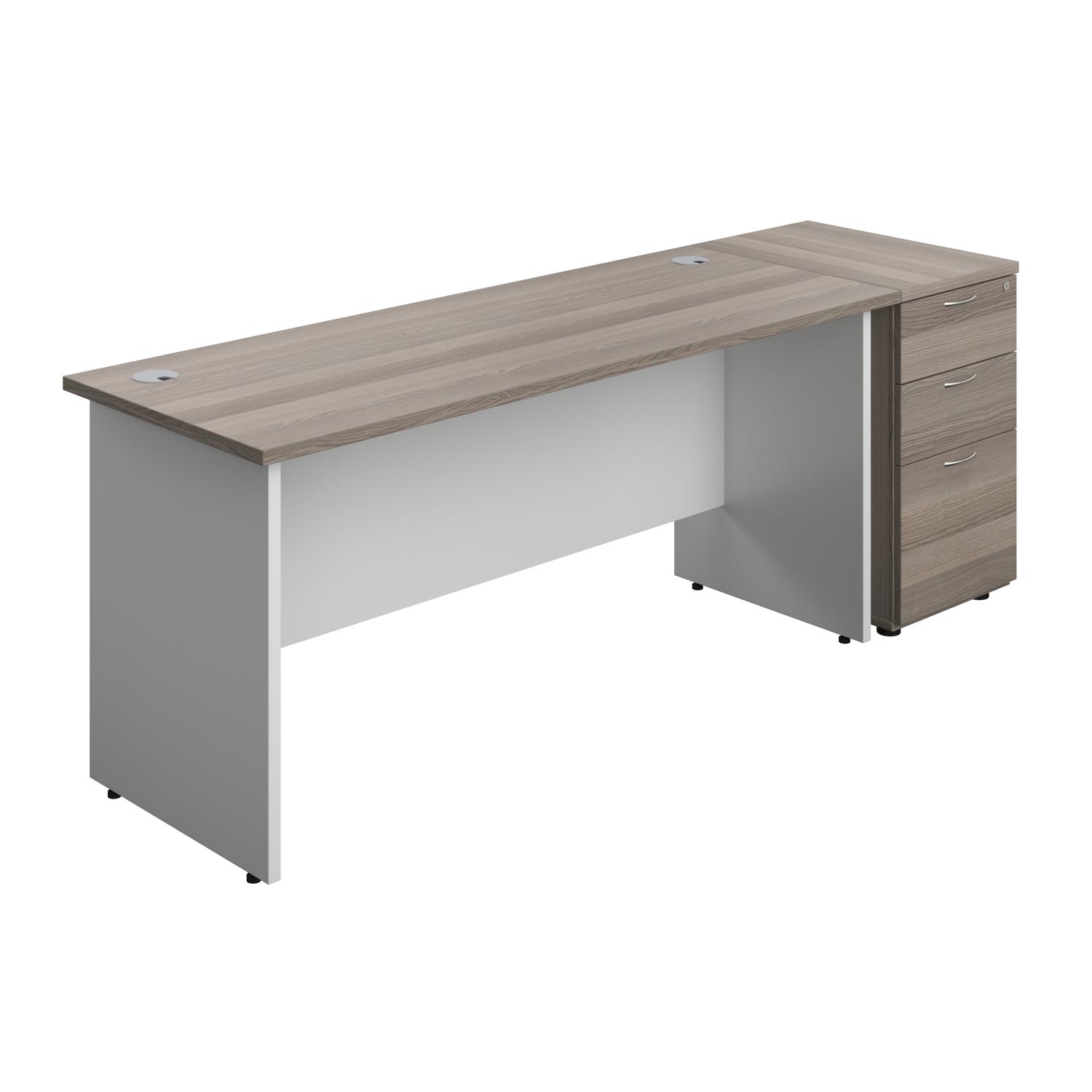Panel Plus Rectangular Desk + Matching 3 Drawer Desk High Pedestal Bundle  600 Pedestal 1600X600 Grey Oak/White