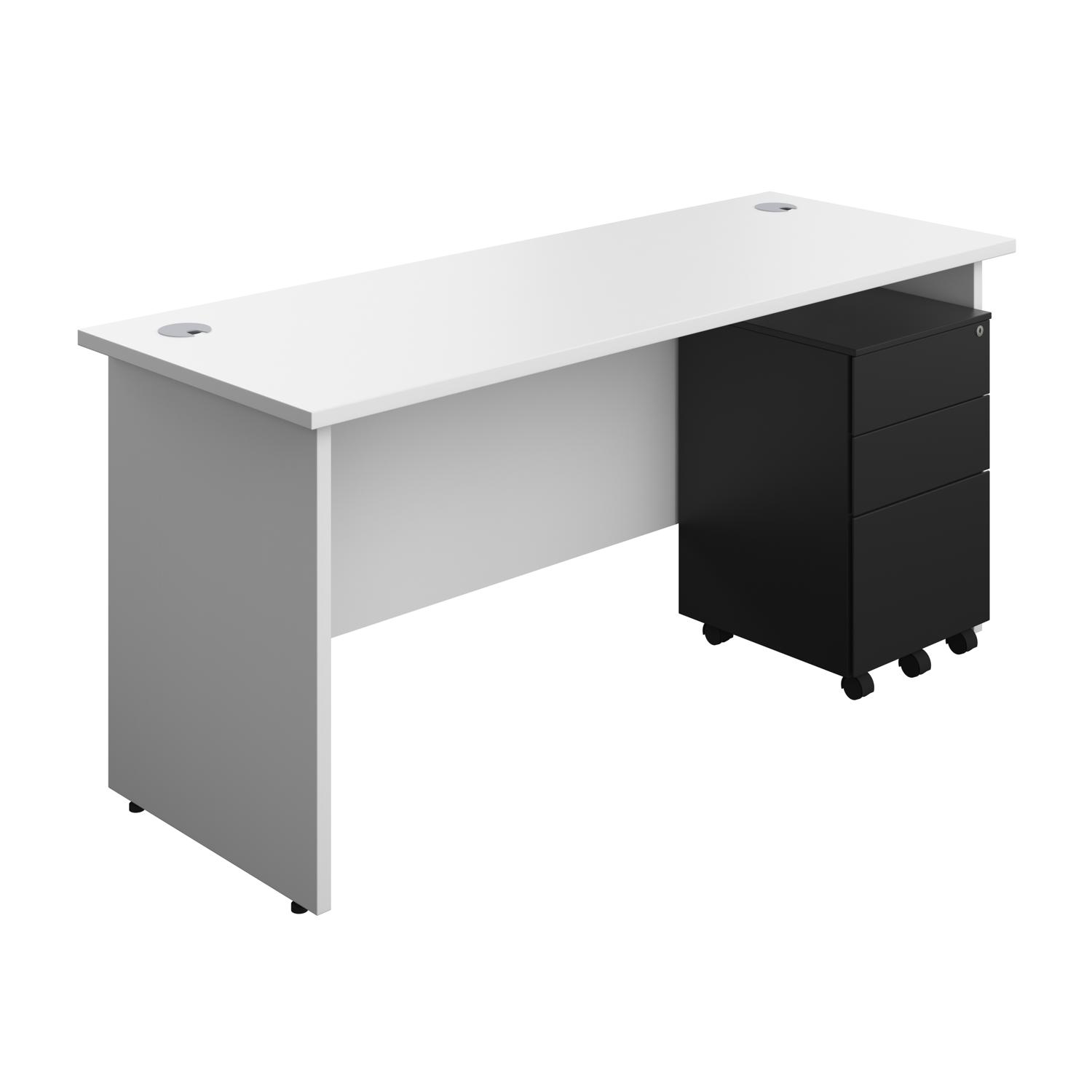 Panel Rectangular Desk + 3 Drawer Steel Pedestal Bundle  1600X600 White/Black