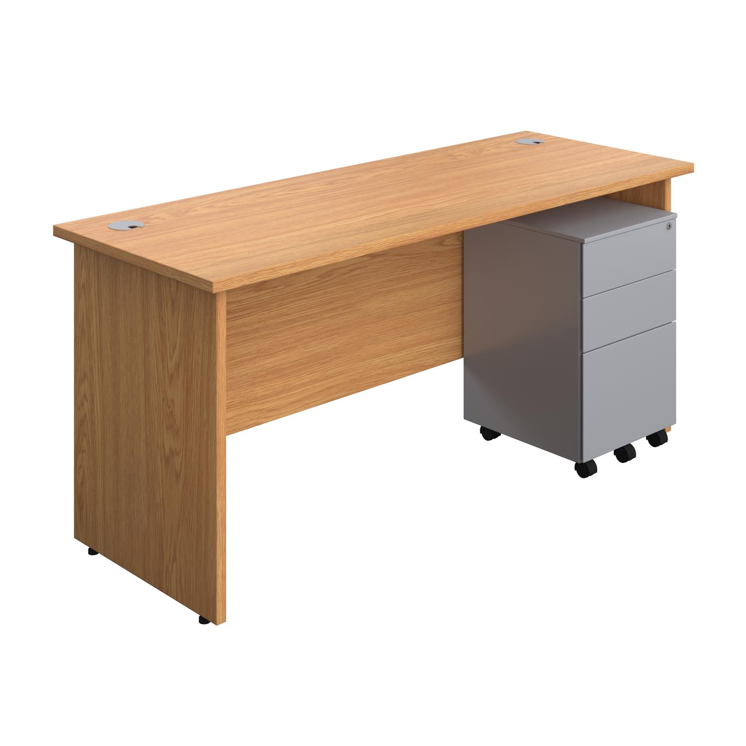Panel Rectangular Desk + 3 Drawer Steel Pedestal Bundle  1600X600 Nova Oak/Silver