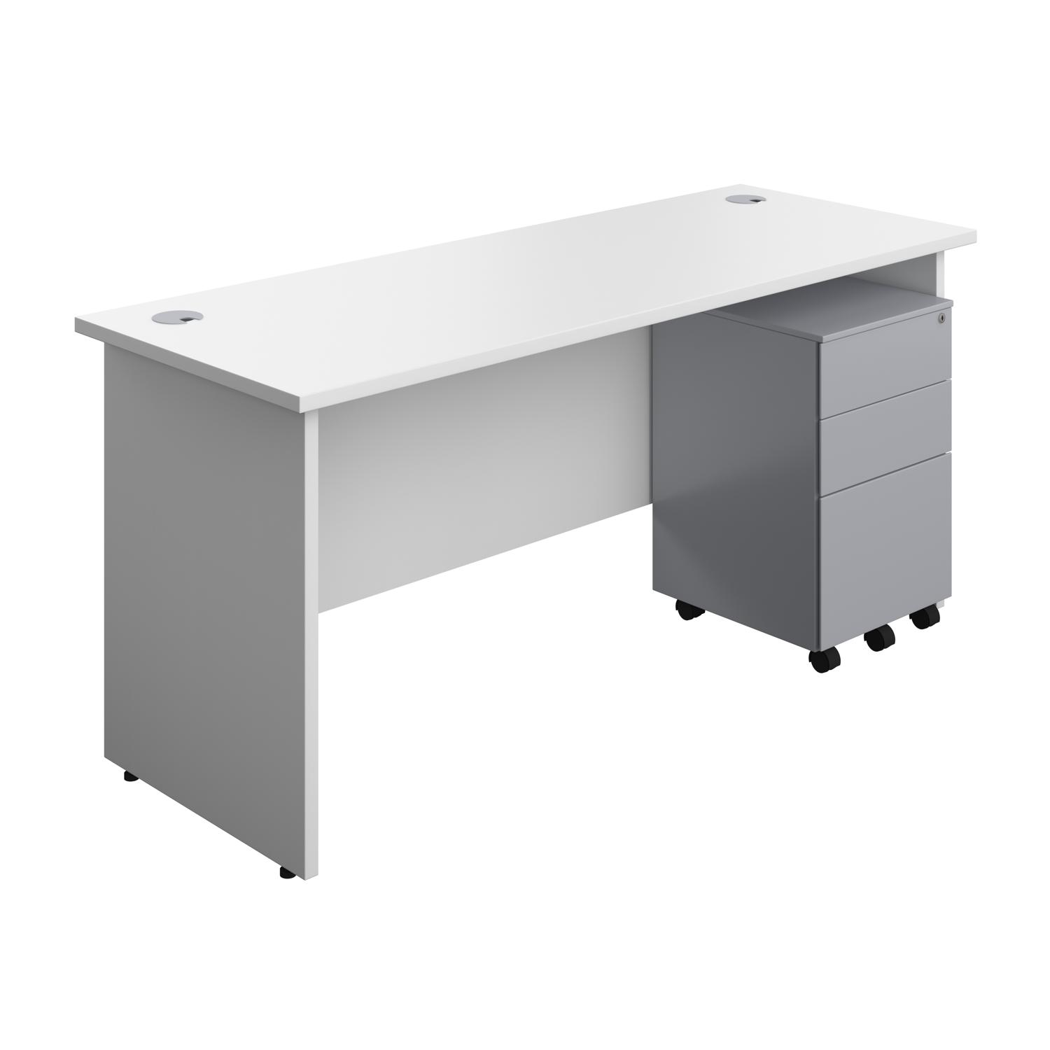 Panel Rectangular Desk + 3 Drawer Steel Pedestal Bundle  1600X600 White/Silver