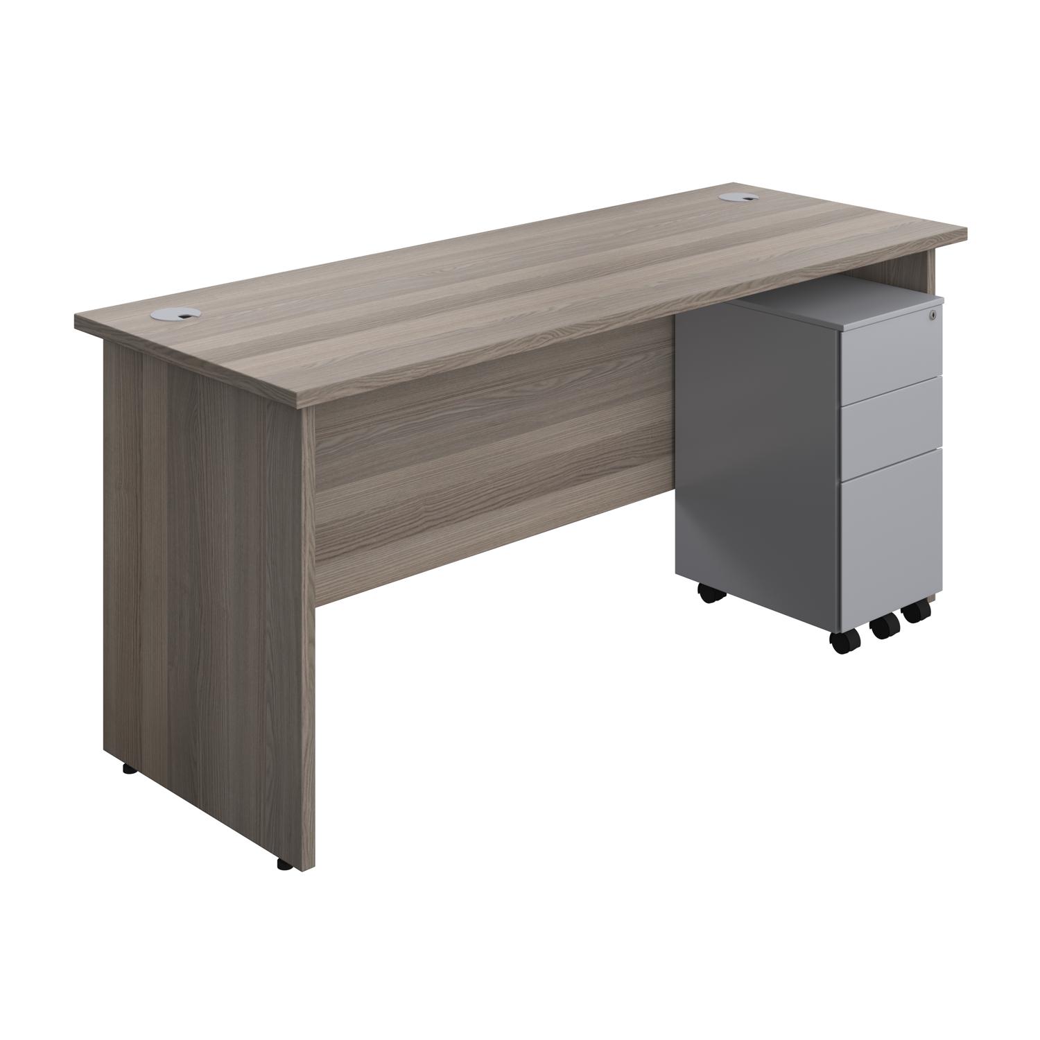 Panel Rectangular Desk + 3 Drawer Slimline Steel Pedestal Bundle  1600X600 Grey Oak/Silver