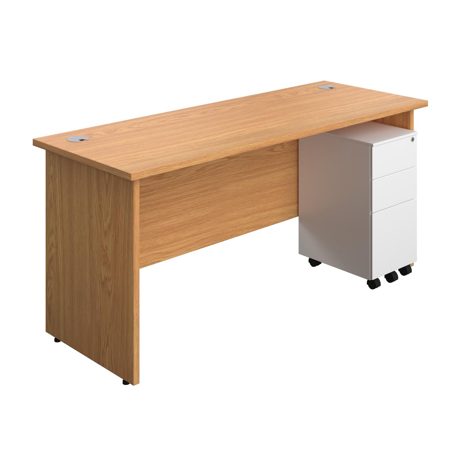 Panel Rectangular Desk + 3 Drawer Slimline Steel Pedestal Bundle  1600X600 Nova Oak/White
