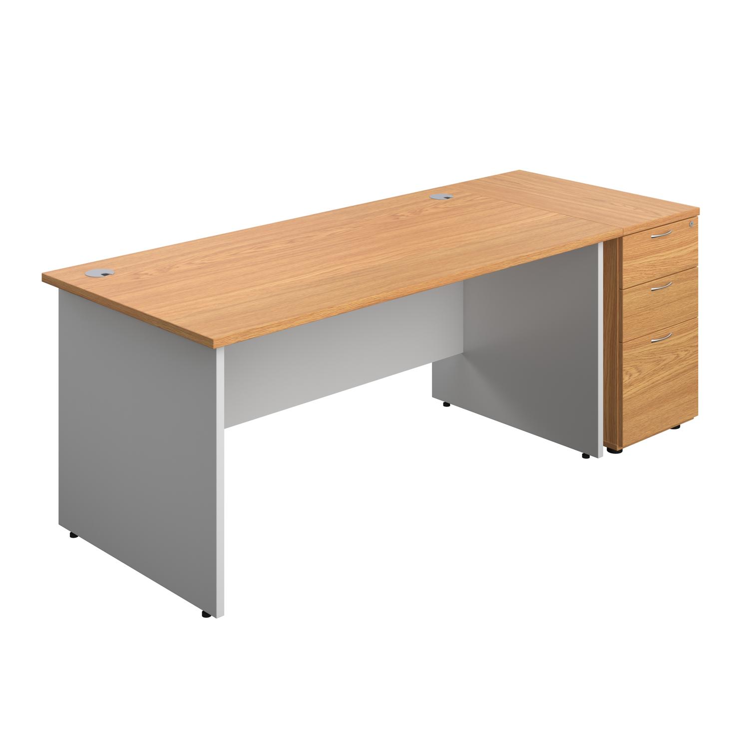 Panel Plus Rectangular Desk + Matching 3 Drawer Desk High Pedestal Bundle  800 Pedestal 1600X800 Nova Oak/White