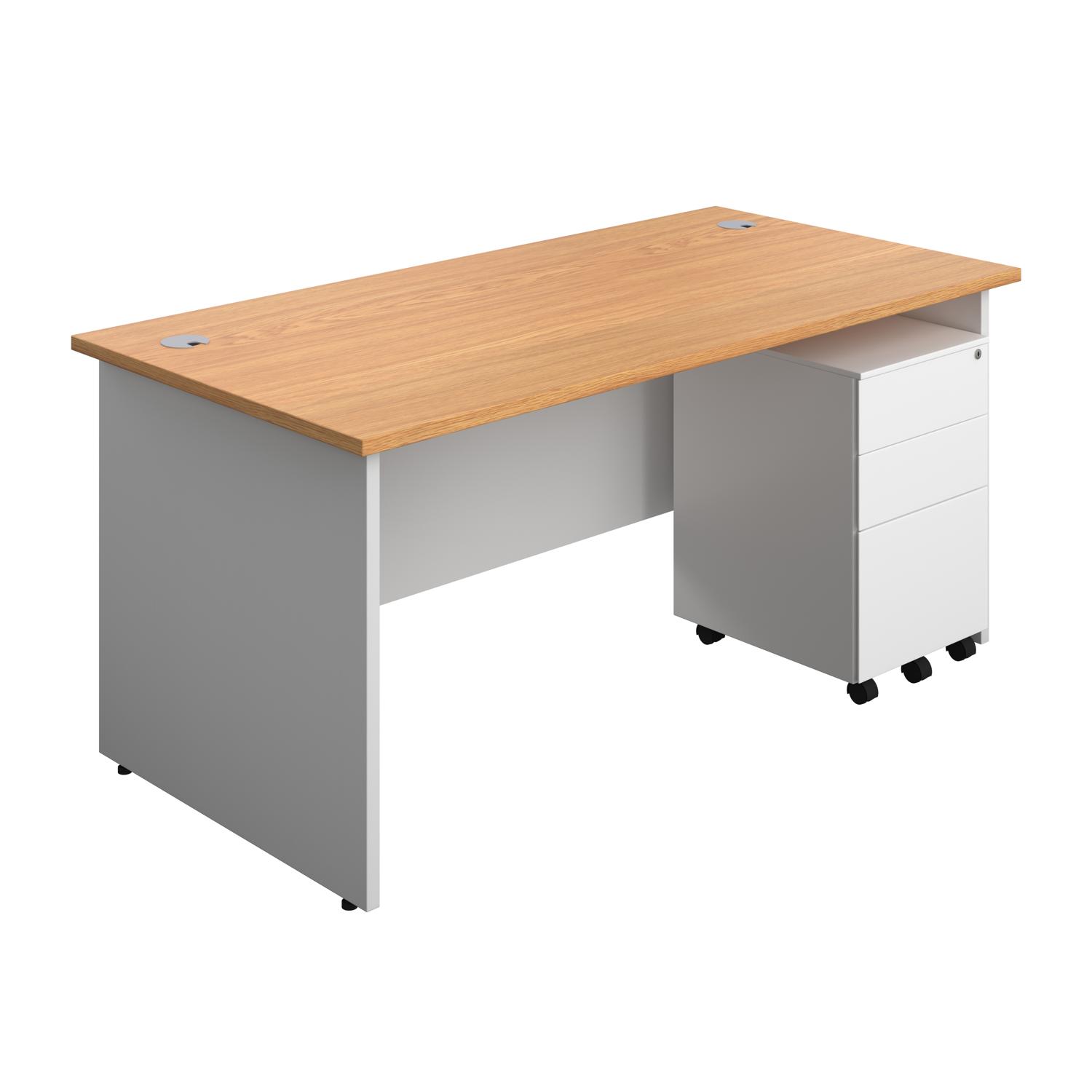 Panel Plus Rectangular Desk + 3 Drawer Steel Pedestal Bundle  1600X800 Nova Oak/White