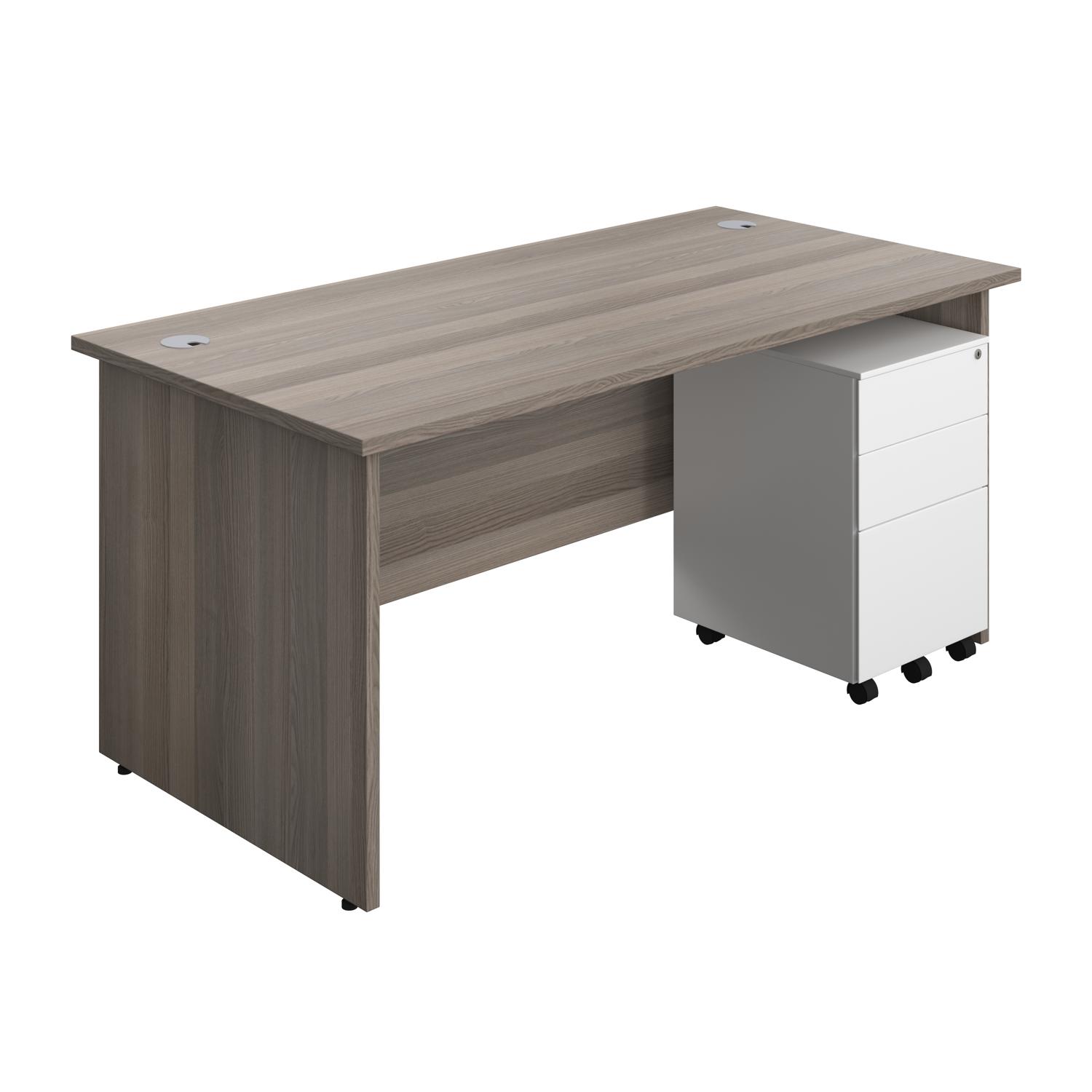 Panel Rectangular Desk + 3 Drawer Steel Pedestal Bundle  1600X800 Grey Oak/White