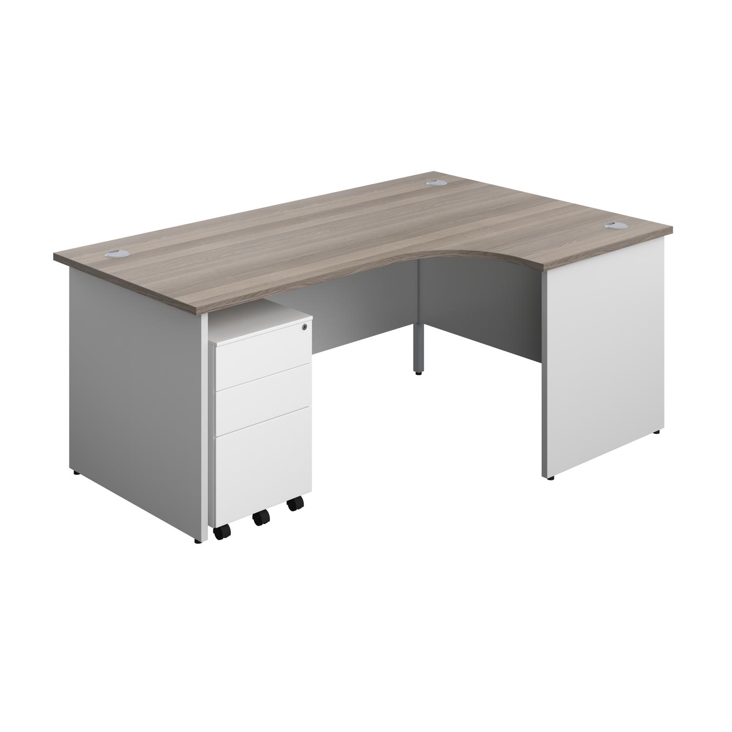 Panel Plus Right Radial Desk + 3 Drawer Steel Mobile Pedestal Bundle  1800X1200 Grey Oak/White