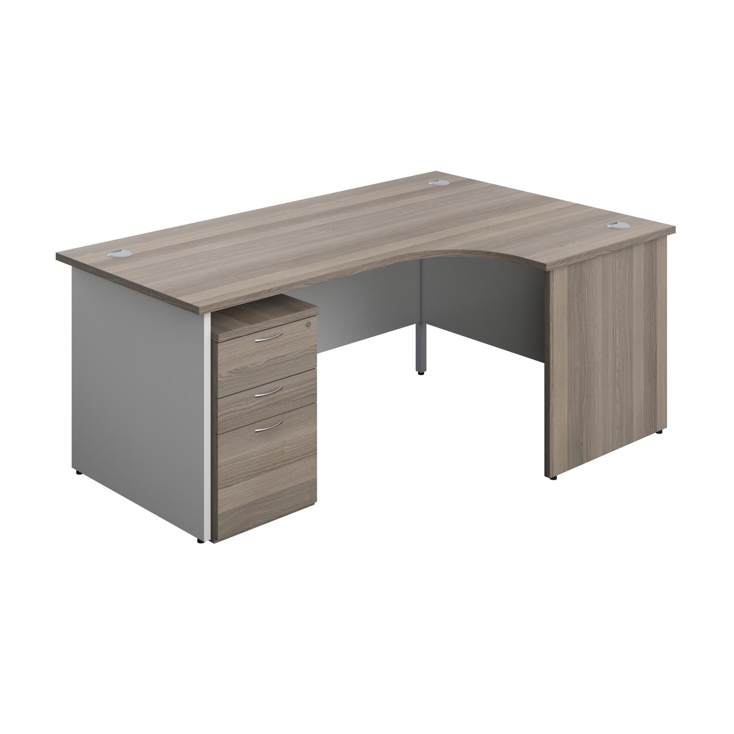 Panel Plus Right Radial Desk + 3 Drawer Under Desk Pedestal Bundle  1800X1200 Grey Oak/White