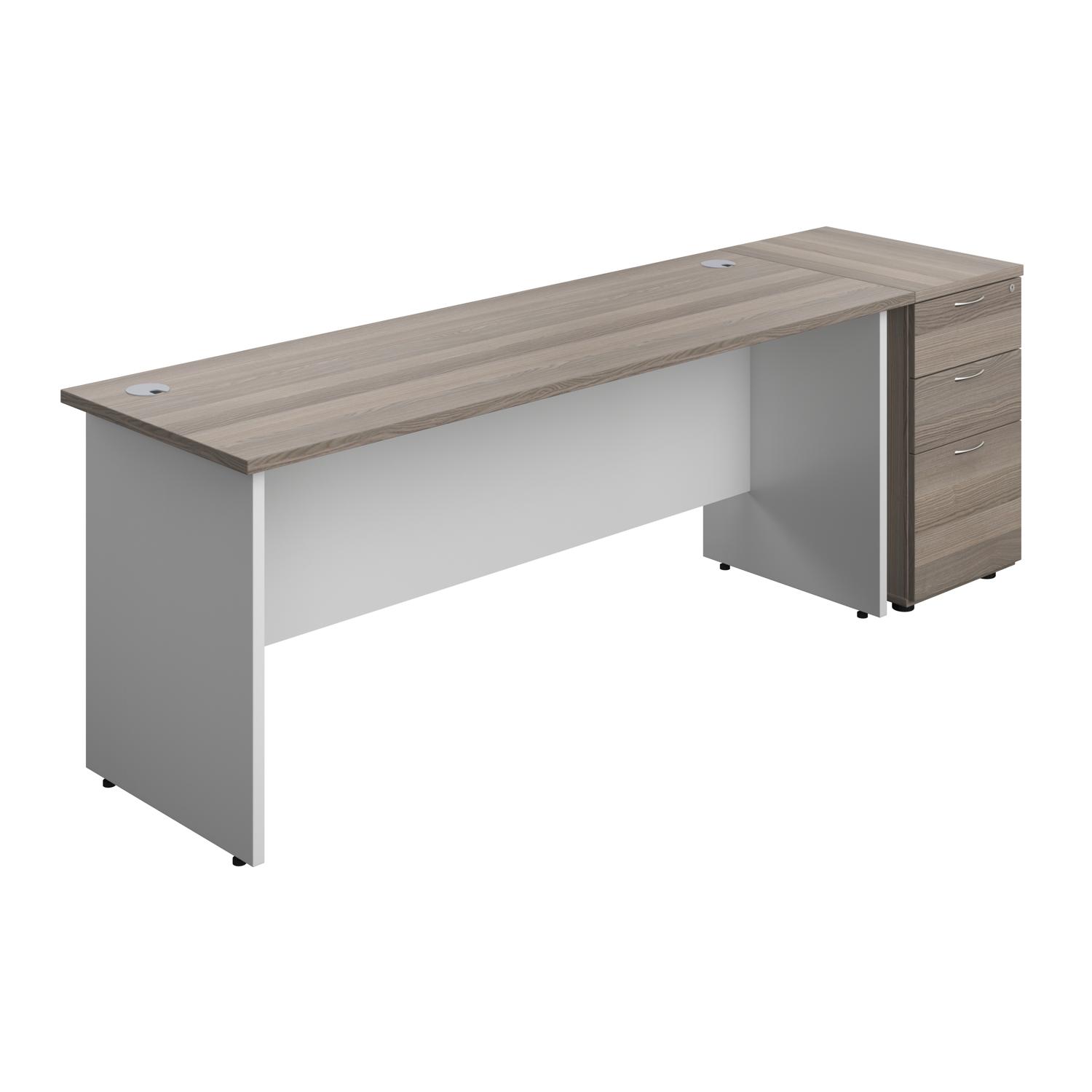 Panel Plus Rectangular Desk + Matching 3 Drawer Desk High Pedestal Bundle  600 Pedestal 1800X600 Grey Oak/White
