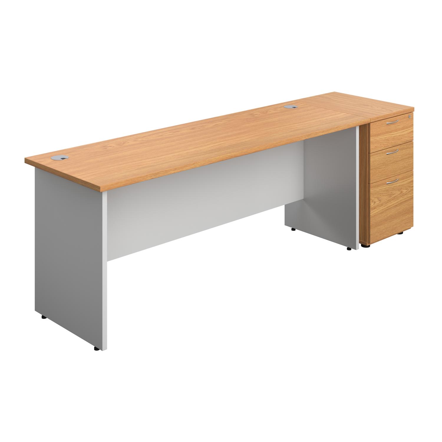 Panel Plus Rectangular Desk + Matching 3 Drawer Desk High Pedestal Bundle  600 Pedestal 1800X600 Nova Oak/White